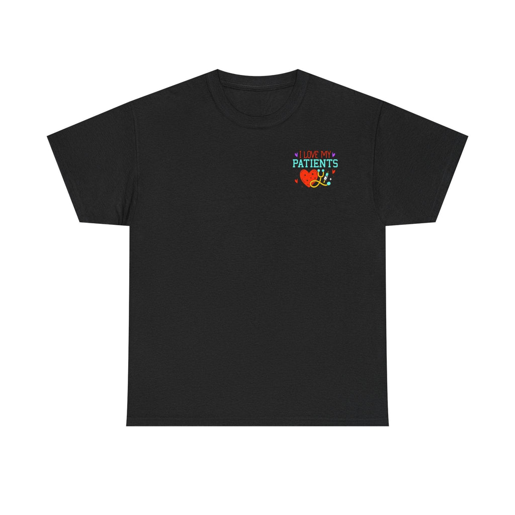 Black tee with a colorful I love my patients graphic, featuring a heart and stethoscope.