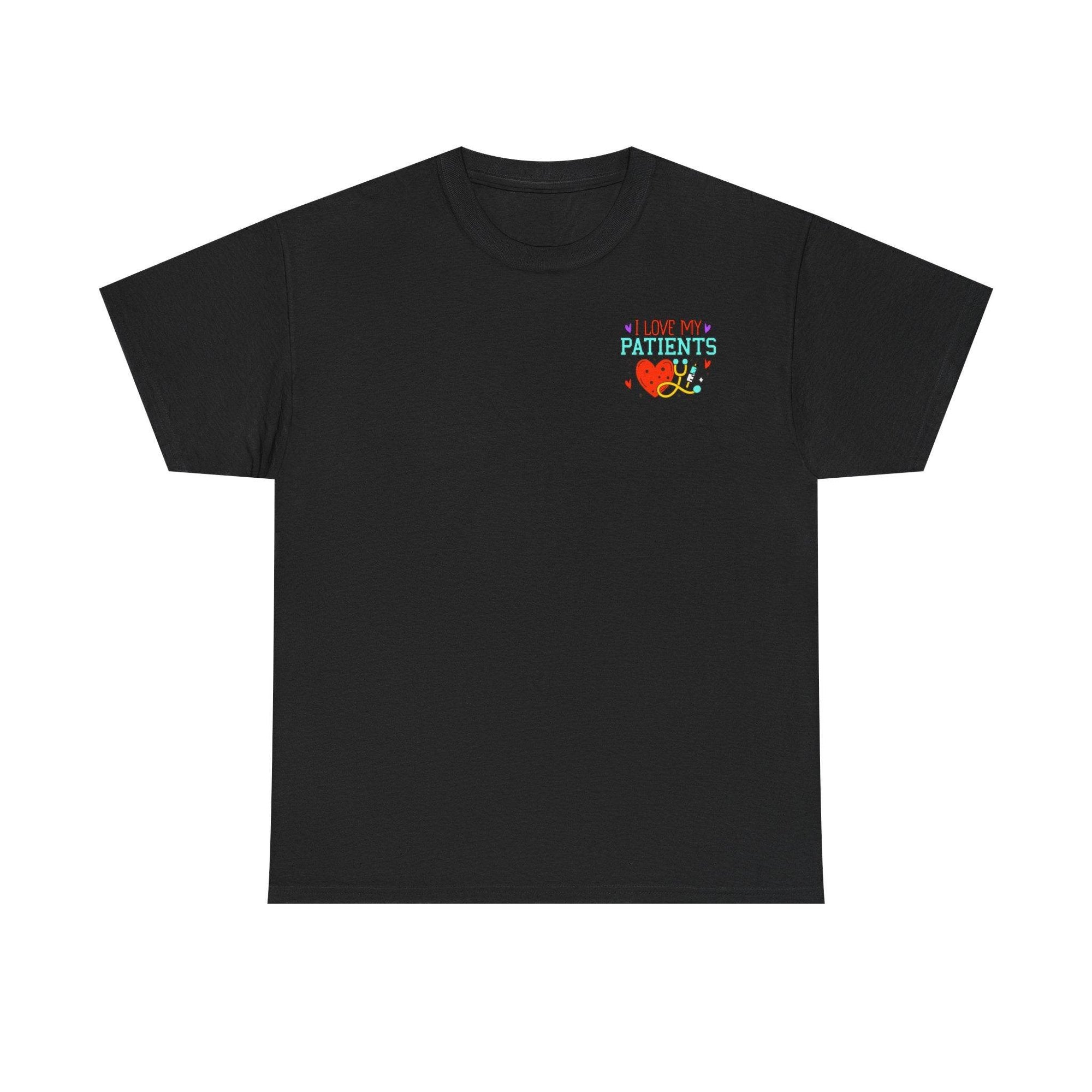 Black tee with a colorful I love my patients graphic, featuring a heart and stethoscope.