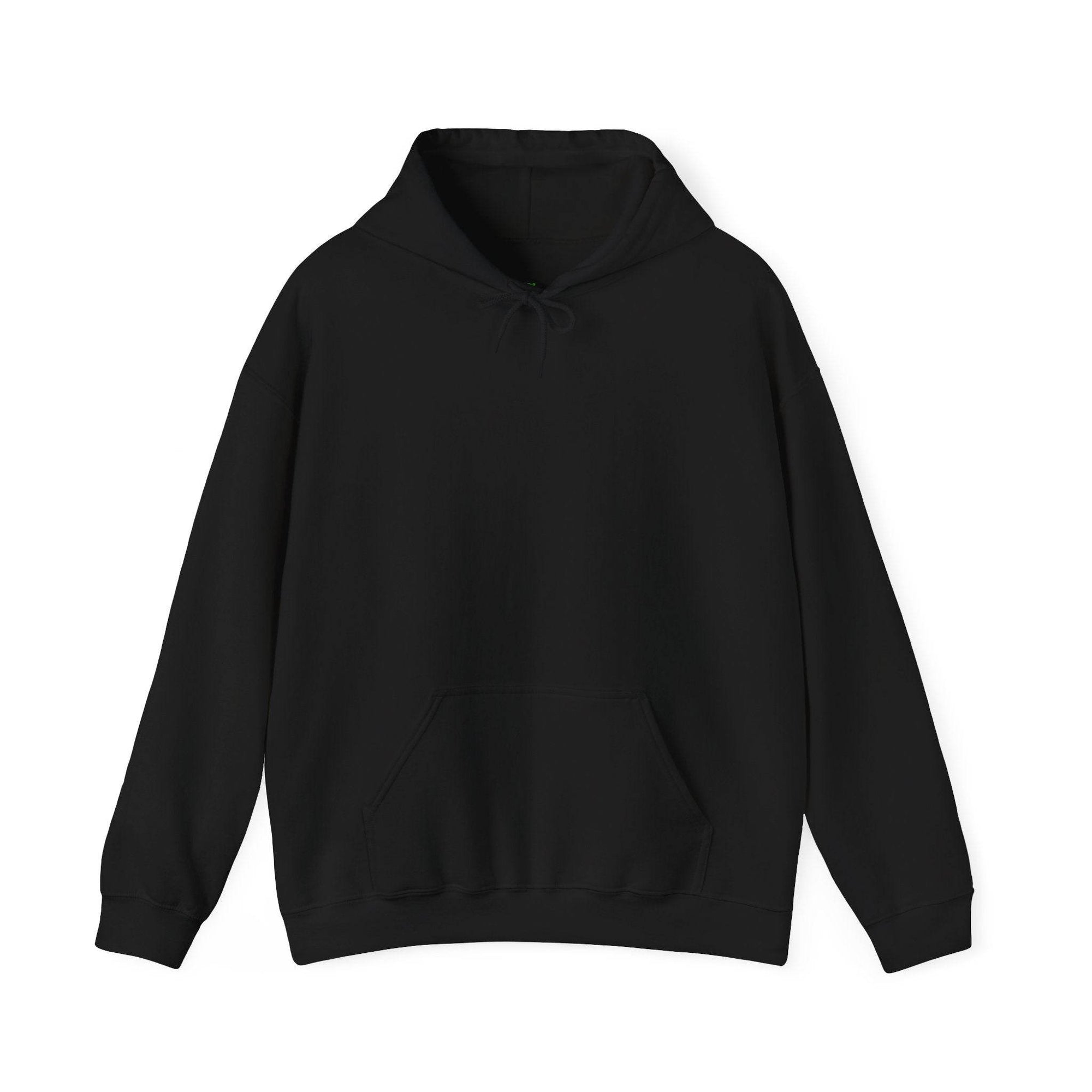Black hoodie with a front pocket, soft 50/50 blend for cozy daily wear with a playful vibe.