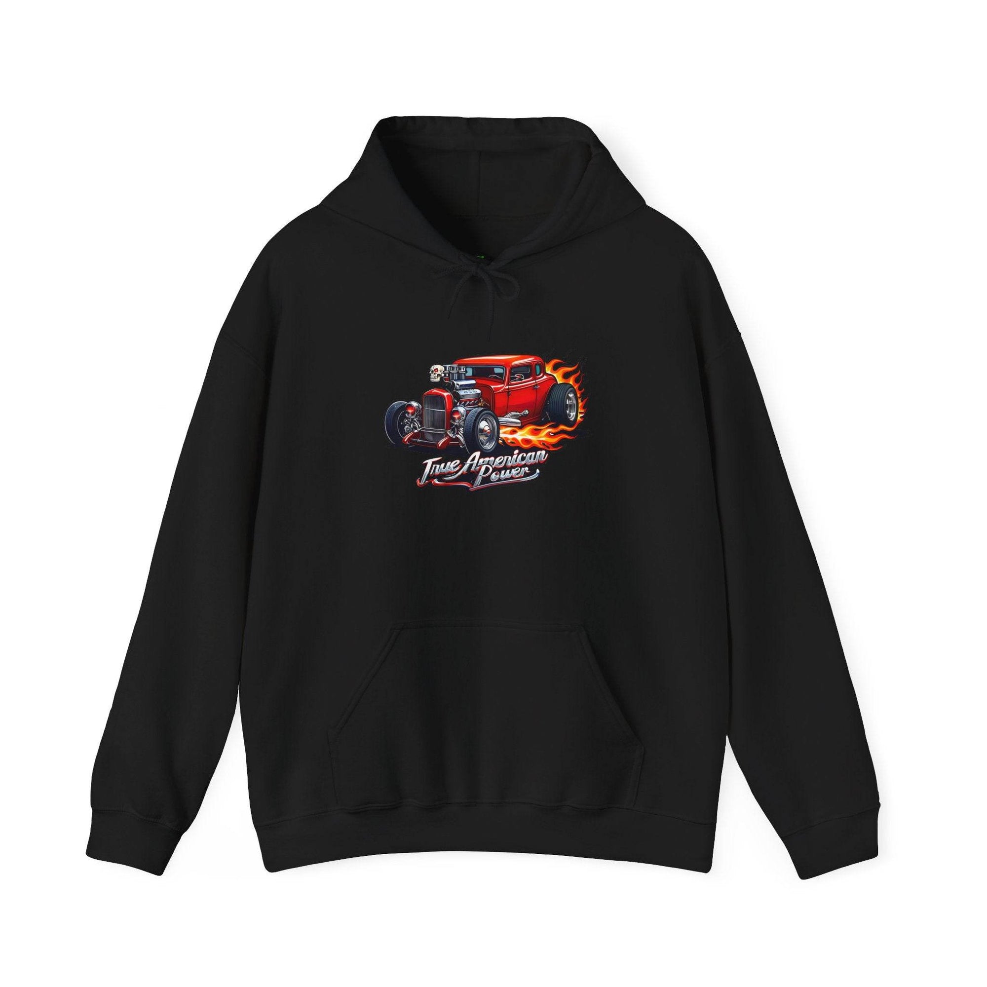 Black hoodie with a red hot rod car, flames trailing, and 'True American Power' text.