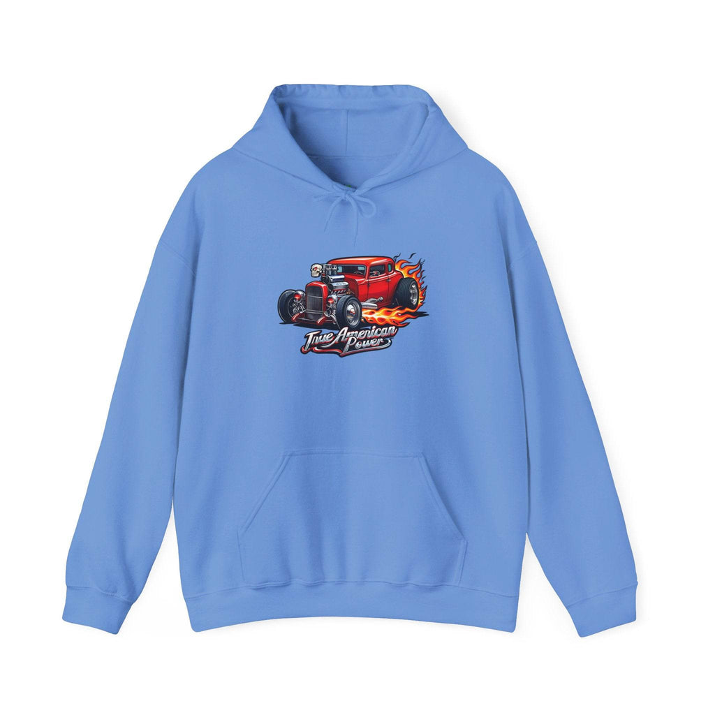 Light blue hoodie with a red flaming hot rod graphic and True American Power text.