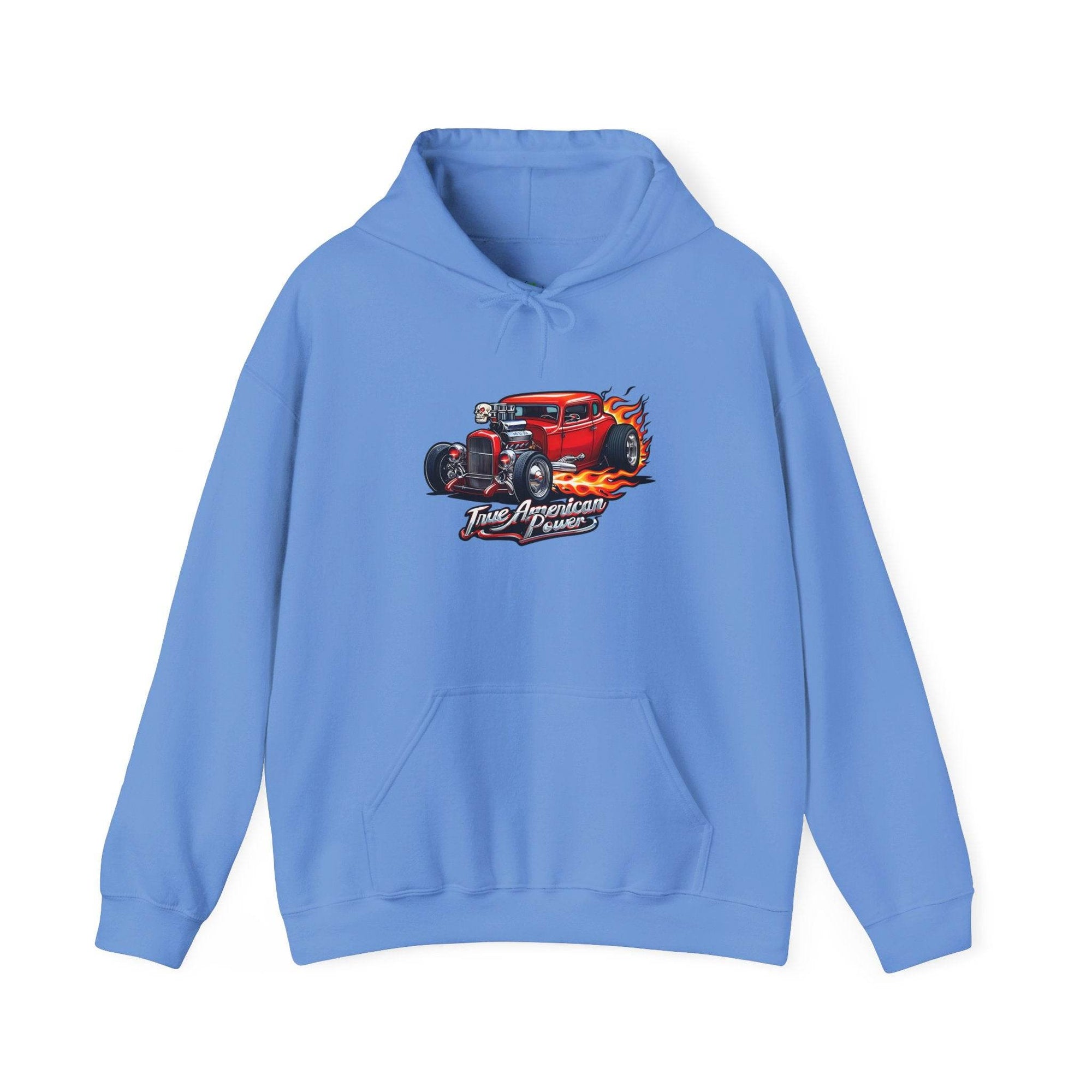 Light blue hoodie with a red flaming hot rod graphic and True American Power text.