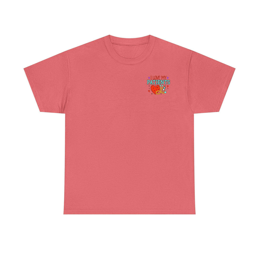 Running on coffee and healthcare T-shirt with 'I love my patients' heart graphic on pink tee.