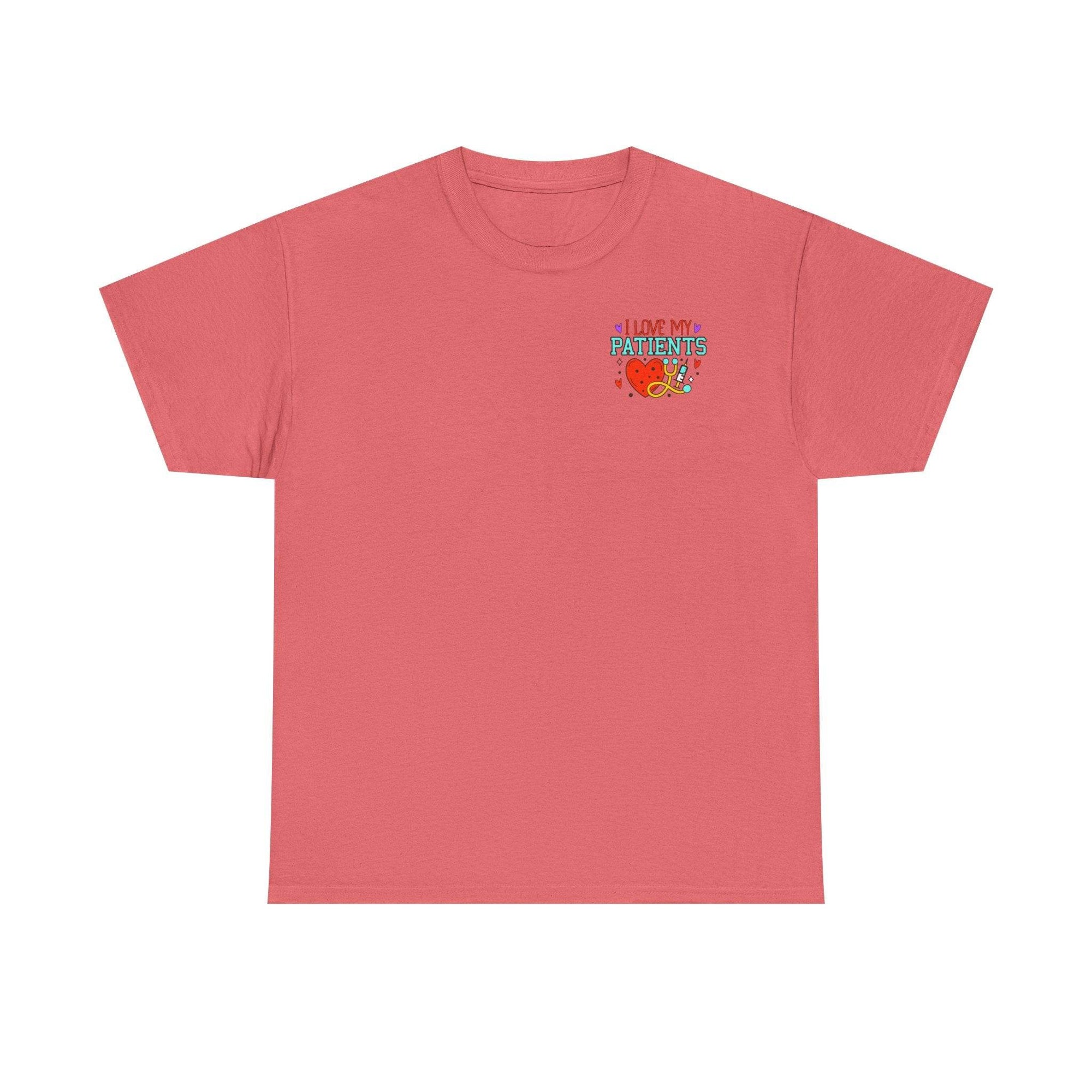 Pink healthcare workers T-shirt with chest graphic "I LOVE MY PATIENTS" featuring a heart and stethoscope.