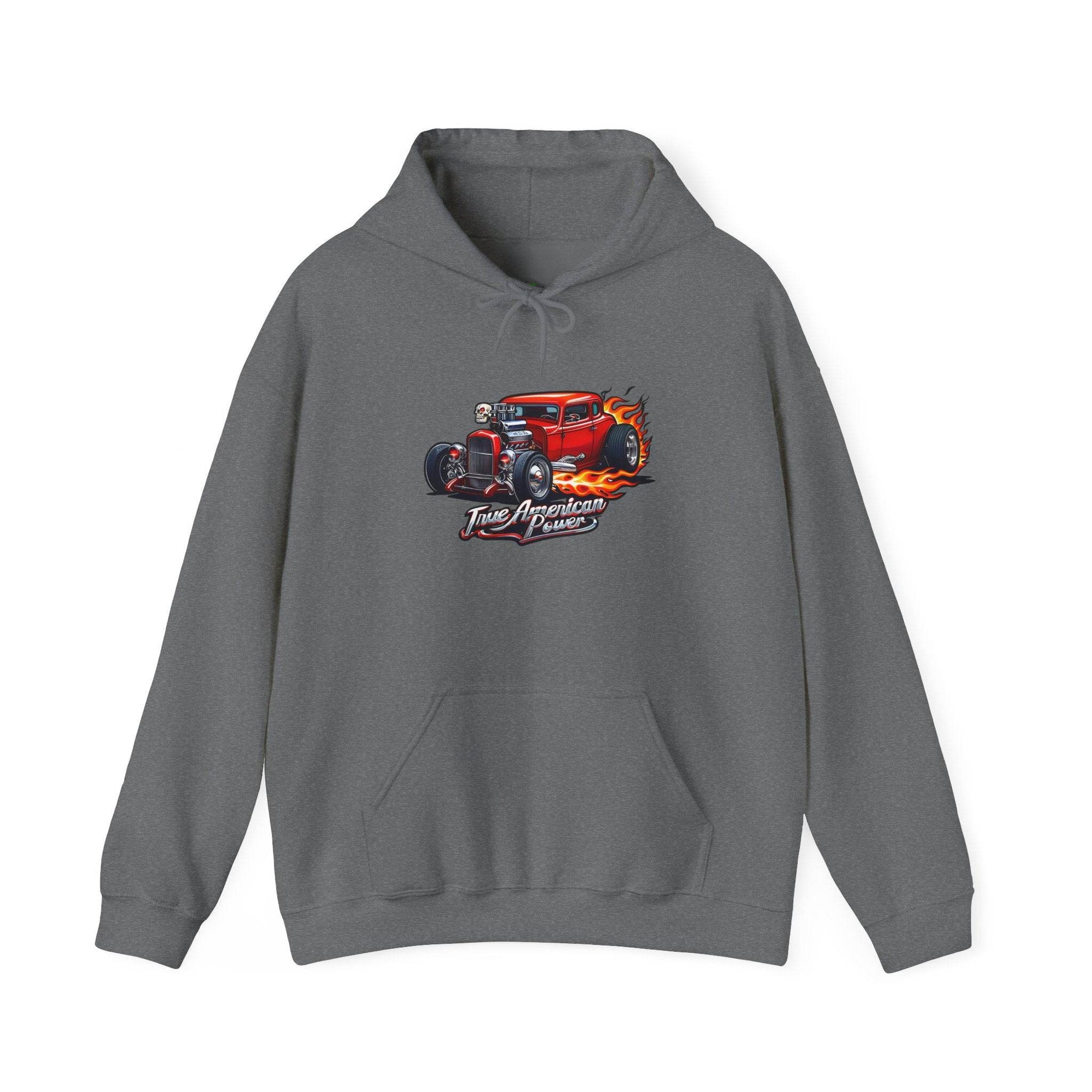 Hot rod Hoodie featuring a red vintage hot-rod graphic with flames and True American Power lettering.