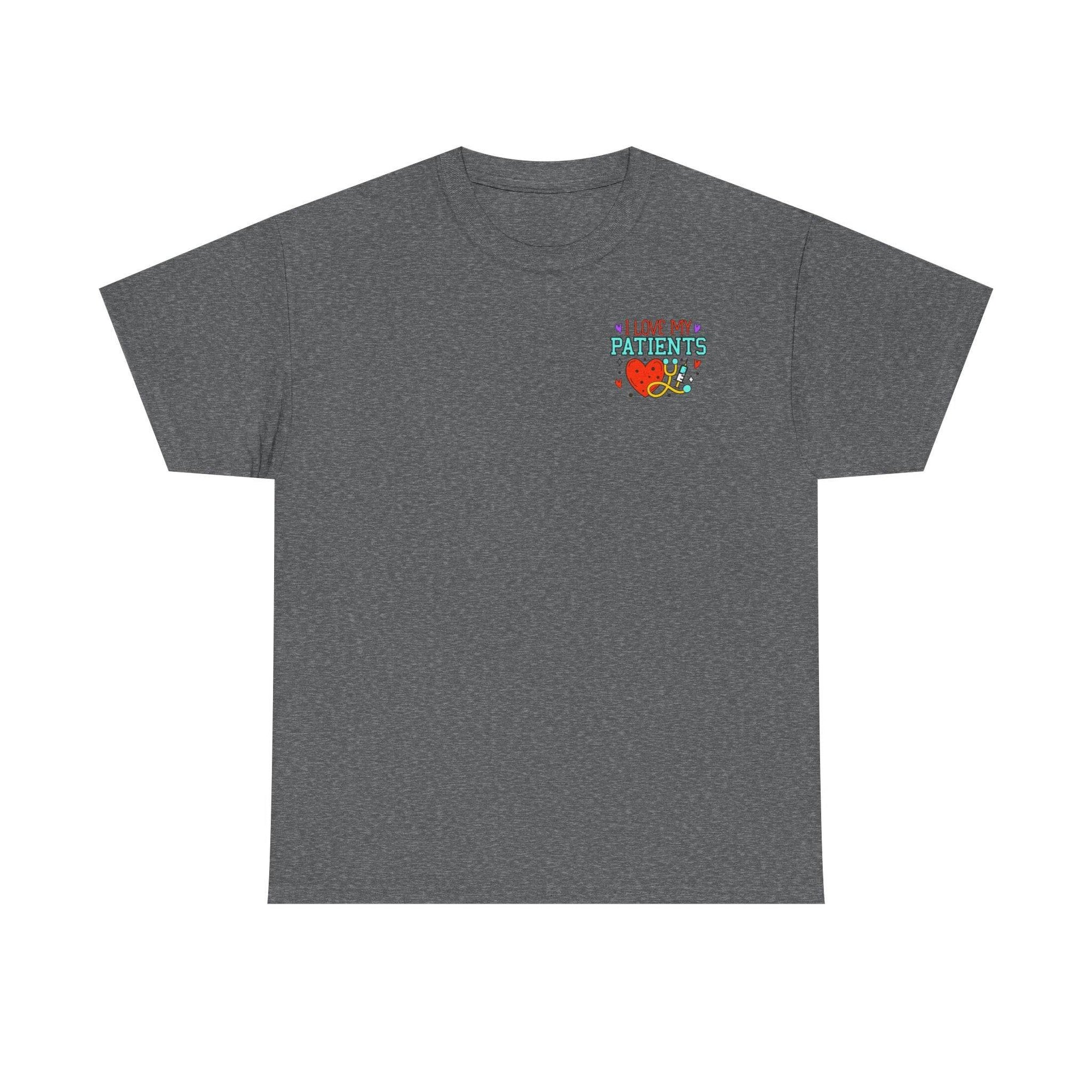 Gray heather Healthcare Workers T-Shirt with colorful I Love My Patients chest graphic.