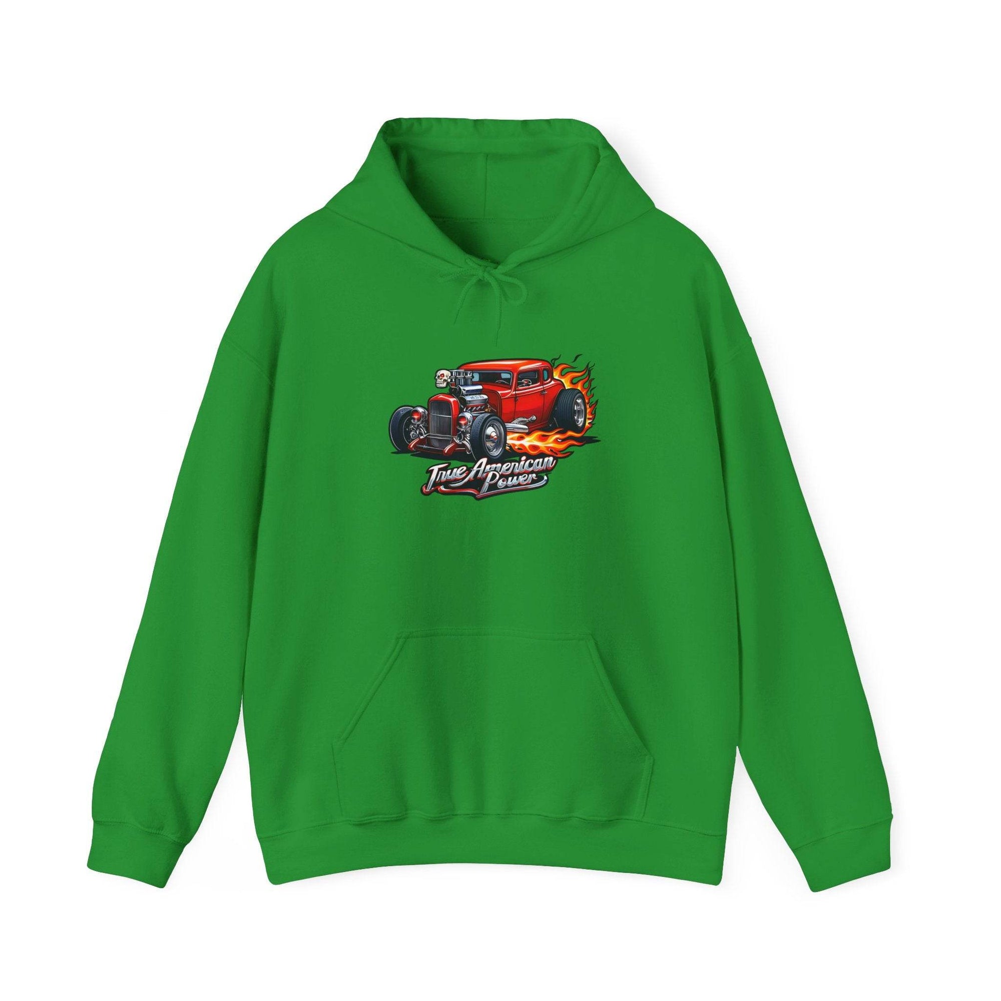 Green hoodie featuring a red hot rod with flames and True American Power graphic.