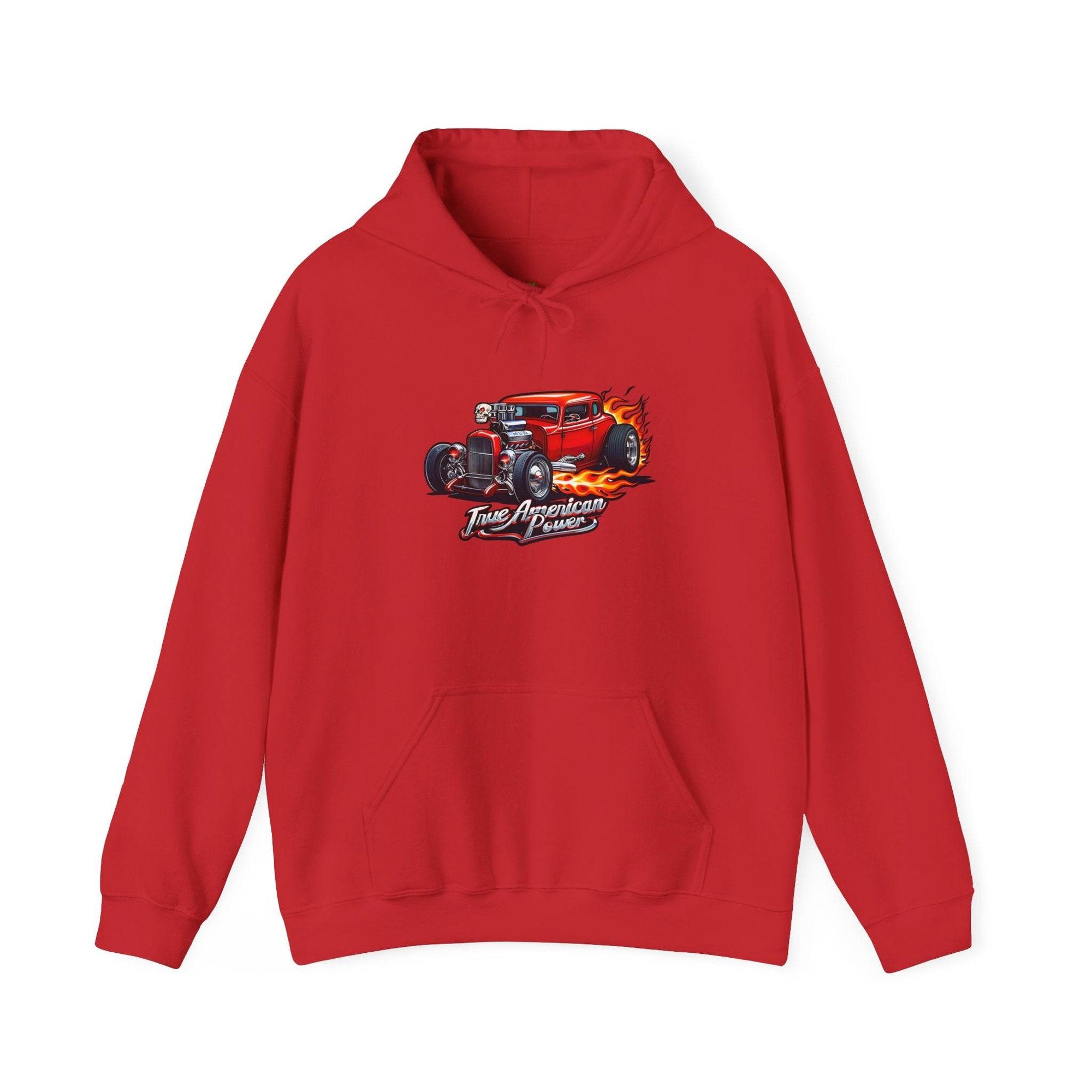 Red hot rod hoodie featuring a flaming vintage car graphic and True American Power slogan.