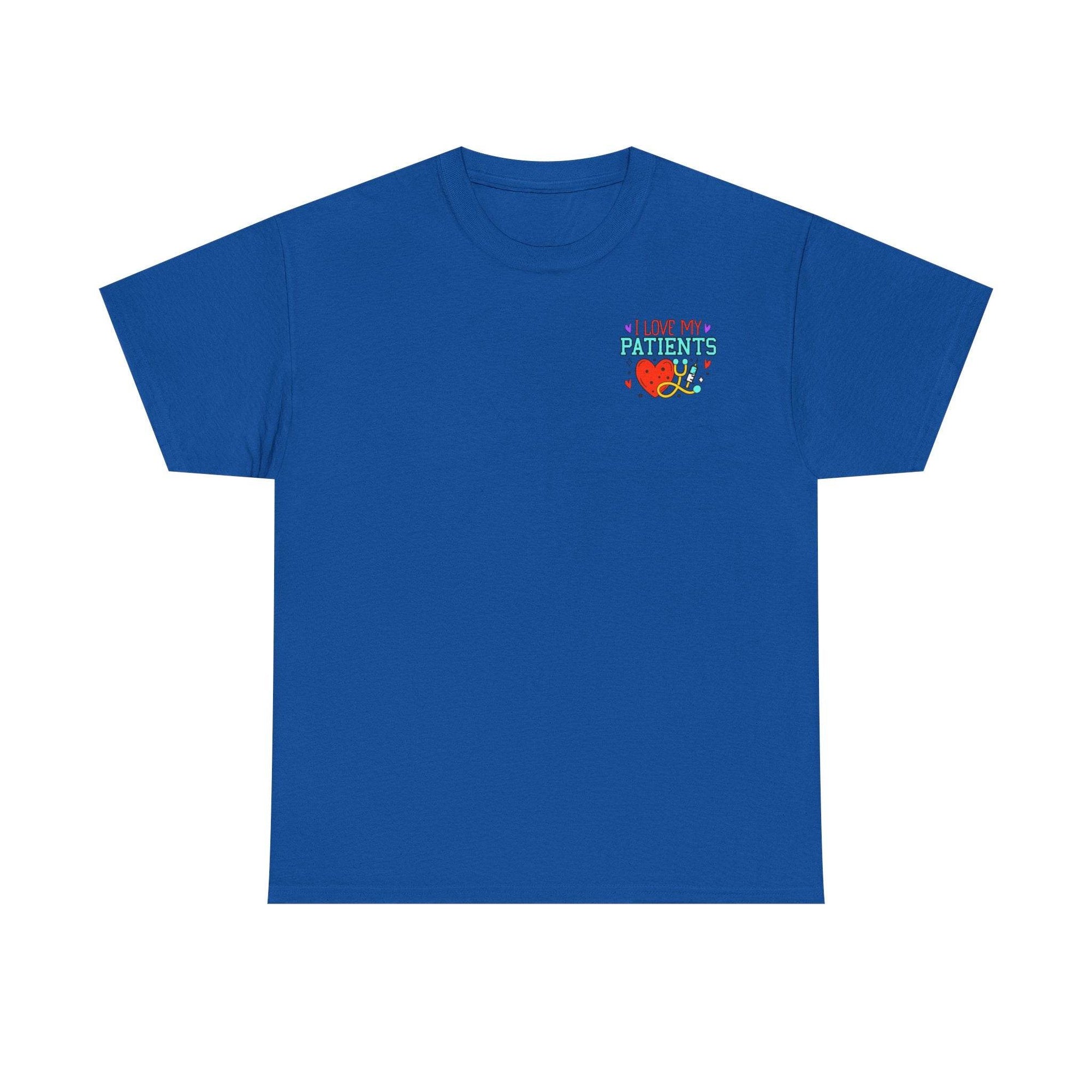 Blue healthcare workers T-shirt with colorful chest graphic reading I LOVE MY PATIENTS and a heart with stethoscope.