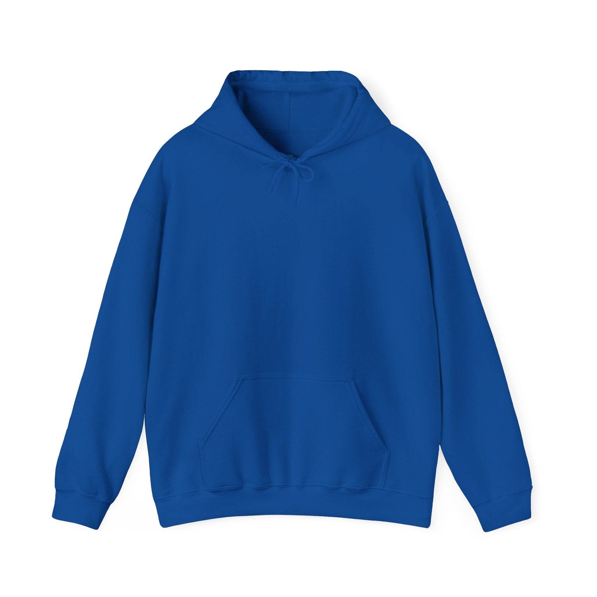 Blue Hoodie_Blank G18500, 5050 blend cozy hoodie with front kangaroo pocket and drawstring hood.