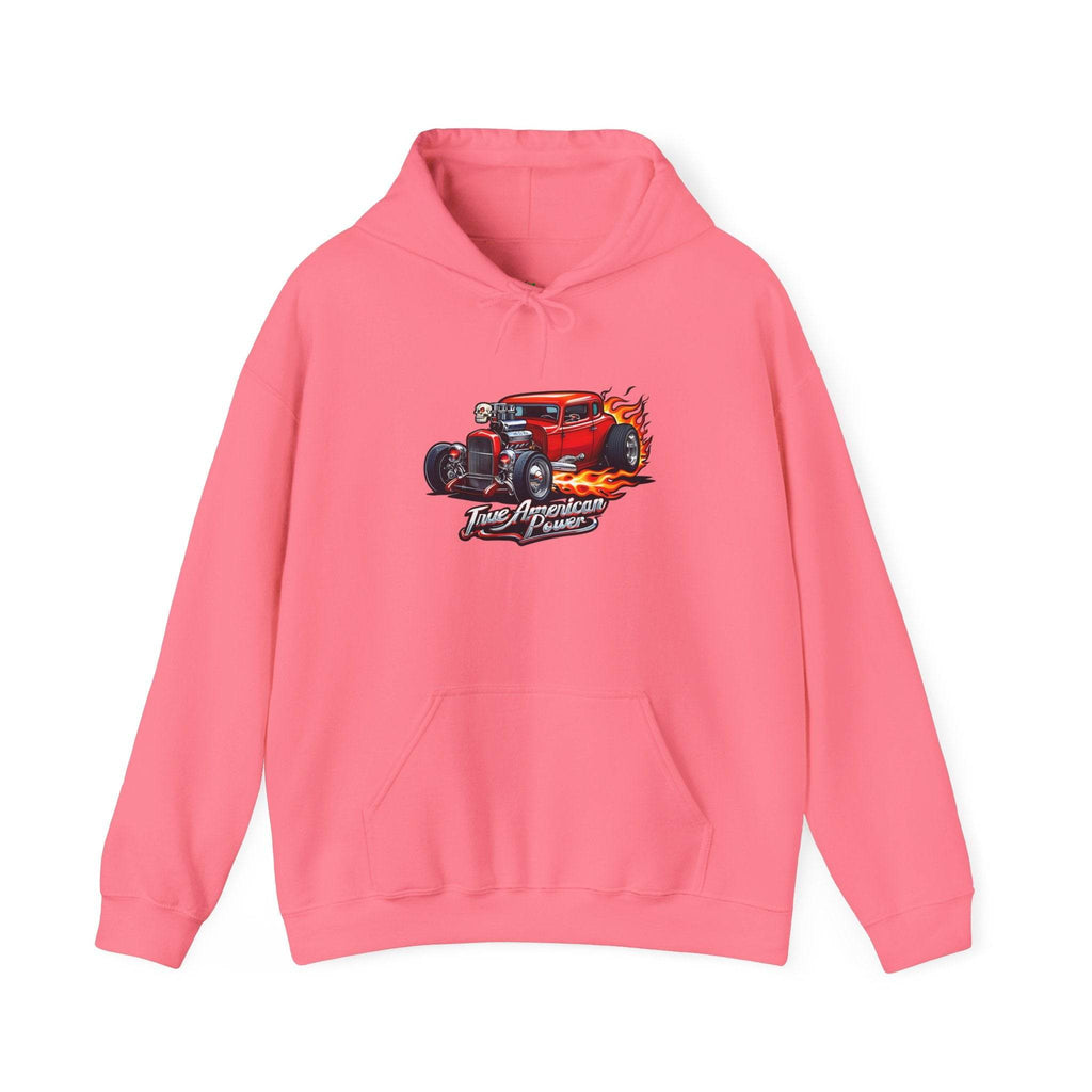 Pink Hot Rod Hoodie featuring a flaming car graphic and True American Power text.