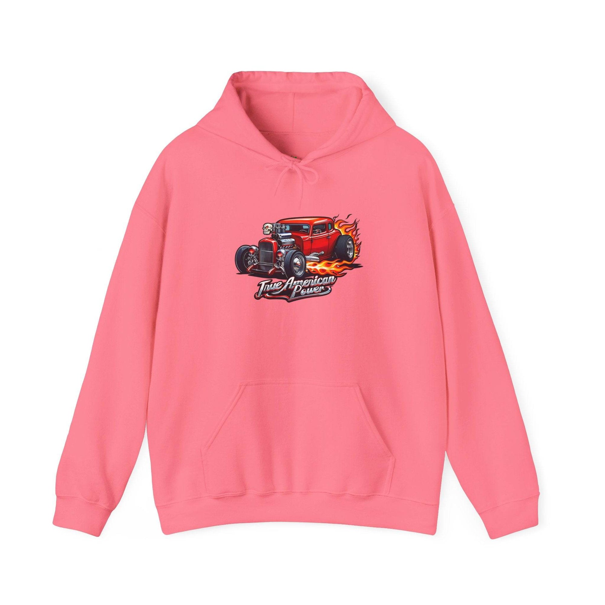 Pink Hot Rod Hoodie featuring a flaming car graphic and True American Power text.