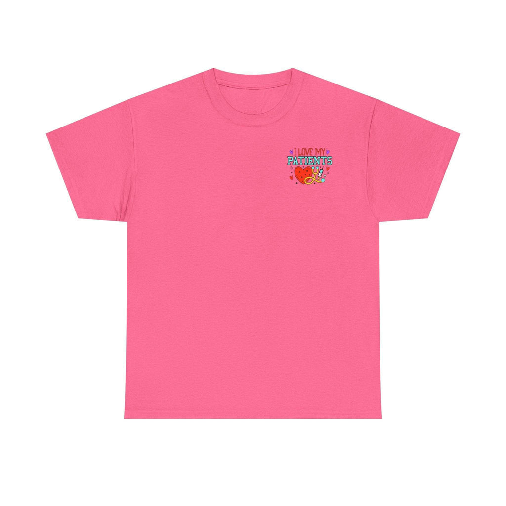 Pink T-shirt titled Running on coffee and Healthcare, featuring a small colorful chest graphic reading I Love My Patients.