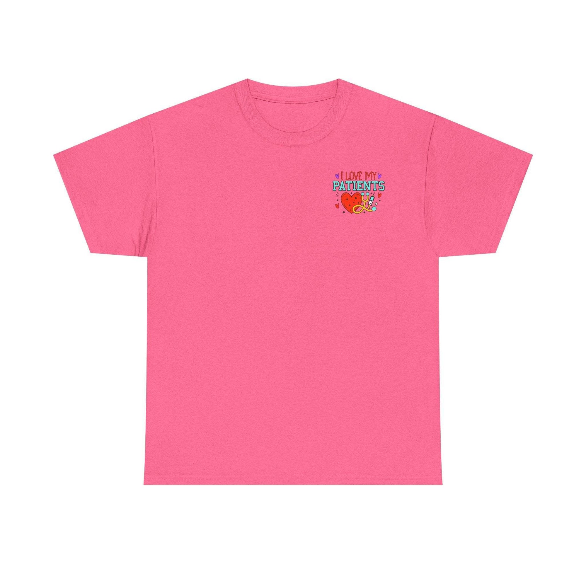Pink T-shirt titled Running on coffee and Healthcare, featuring a small colorful chest graphic reading I Love My Patients.