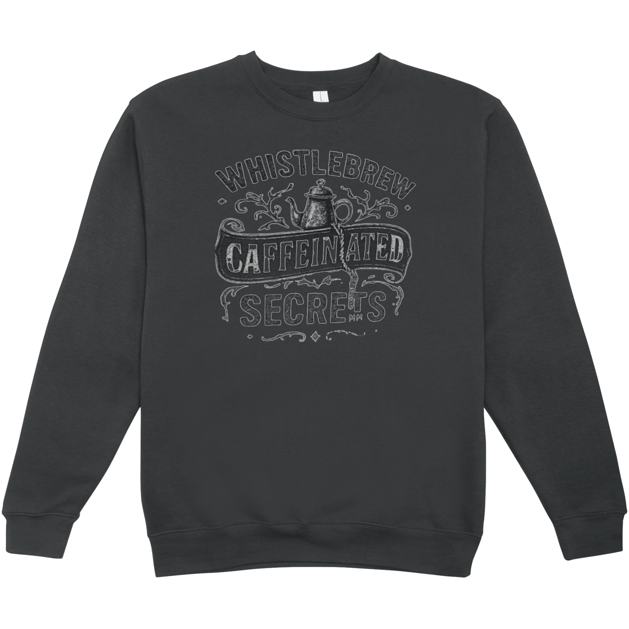 Black sweatshirt with white text and graphics on a transparent background