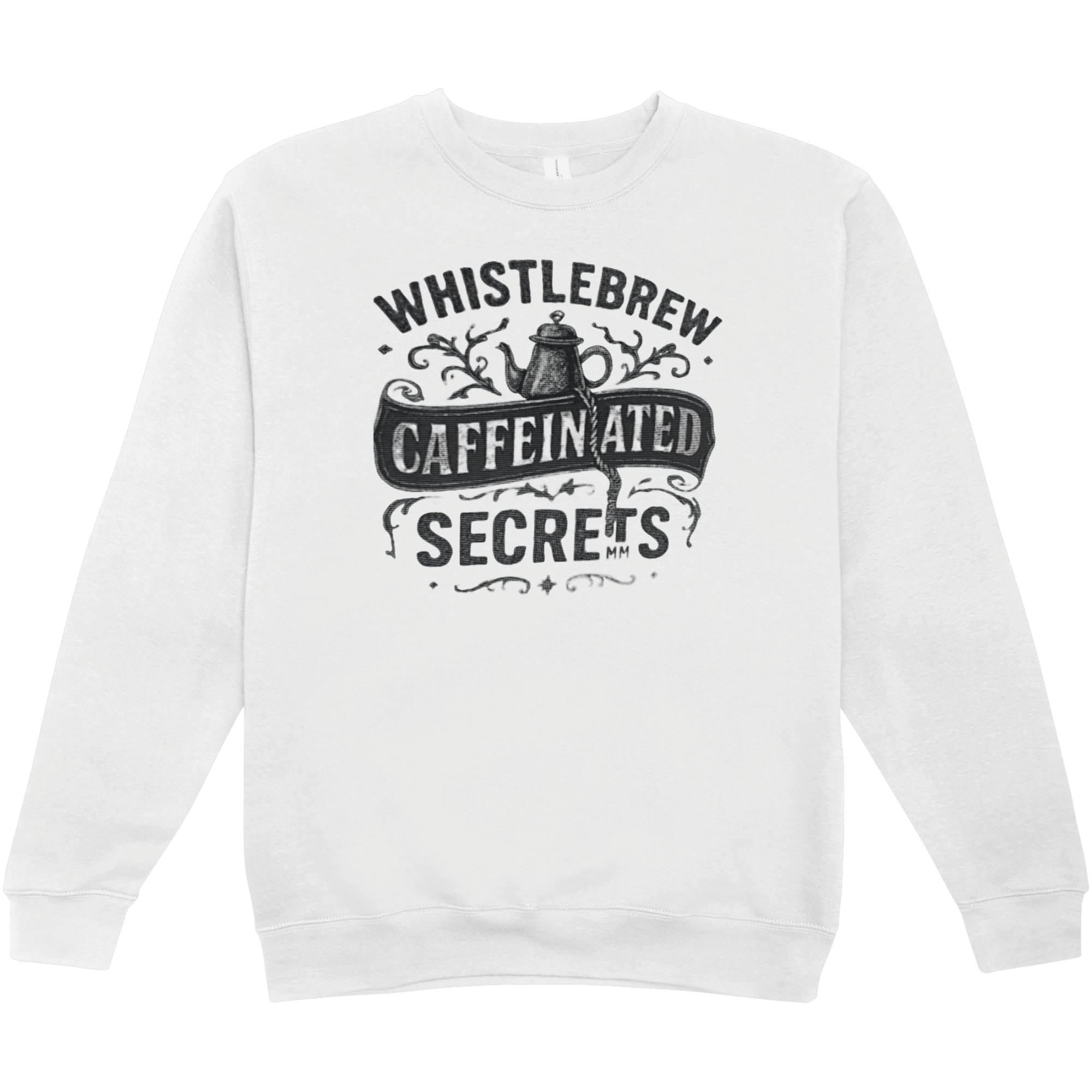White sweatshirt with black text and graphic design on a transparent background