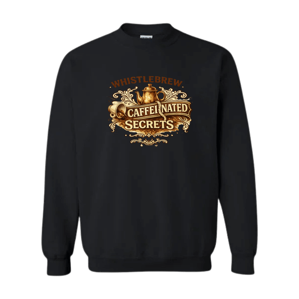 Black sweatshirt with gold and brown graphic design on a transparent background