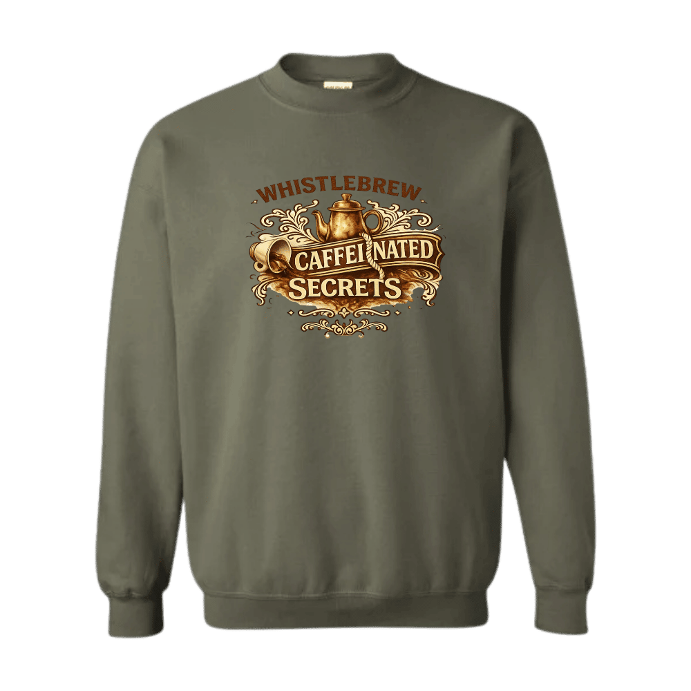 Gray sweatshirt with 'Whistlebrew Caffeinated Secrets' text and design on a transparent background