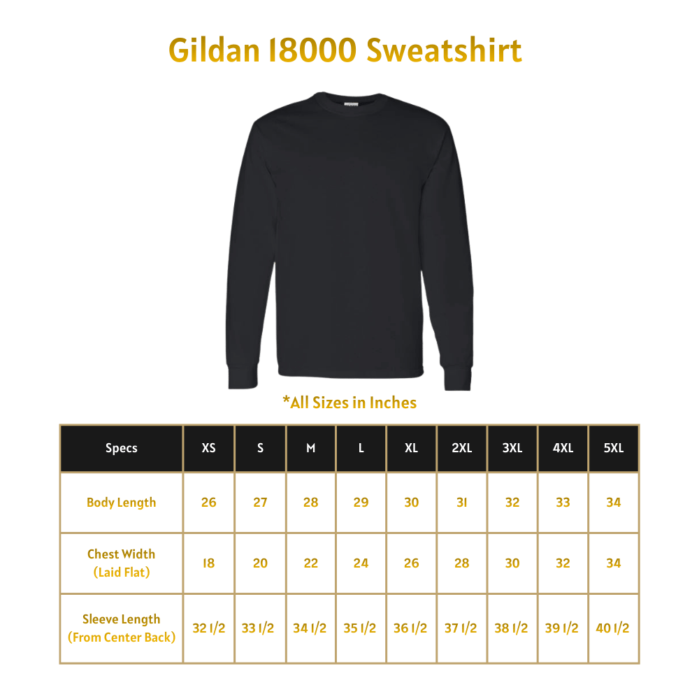 Black Gildan 18000 sweatshirt with size chart on a green background