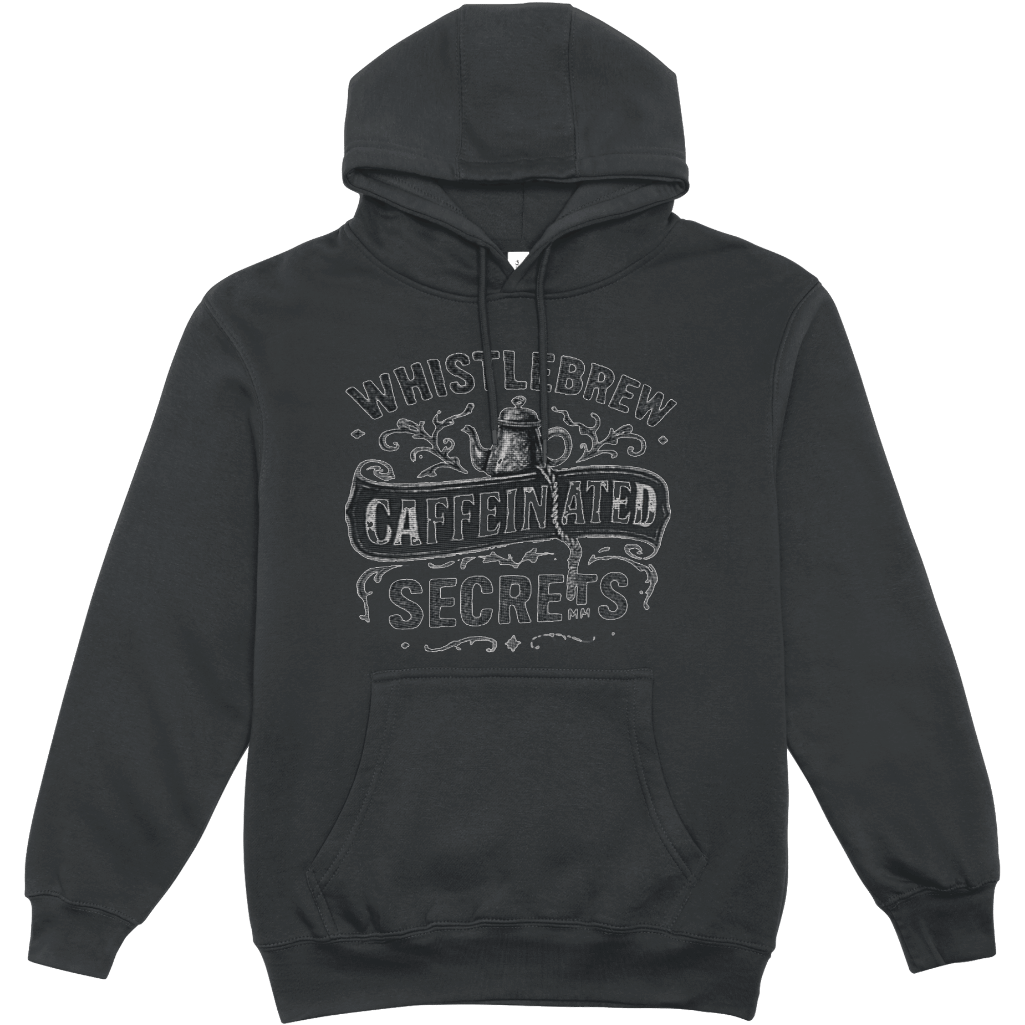 Black hoodie with 'Whistlebrew Caffeinated Secrets' text and graphic on a transparent background