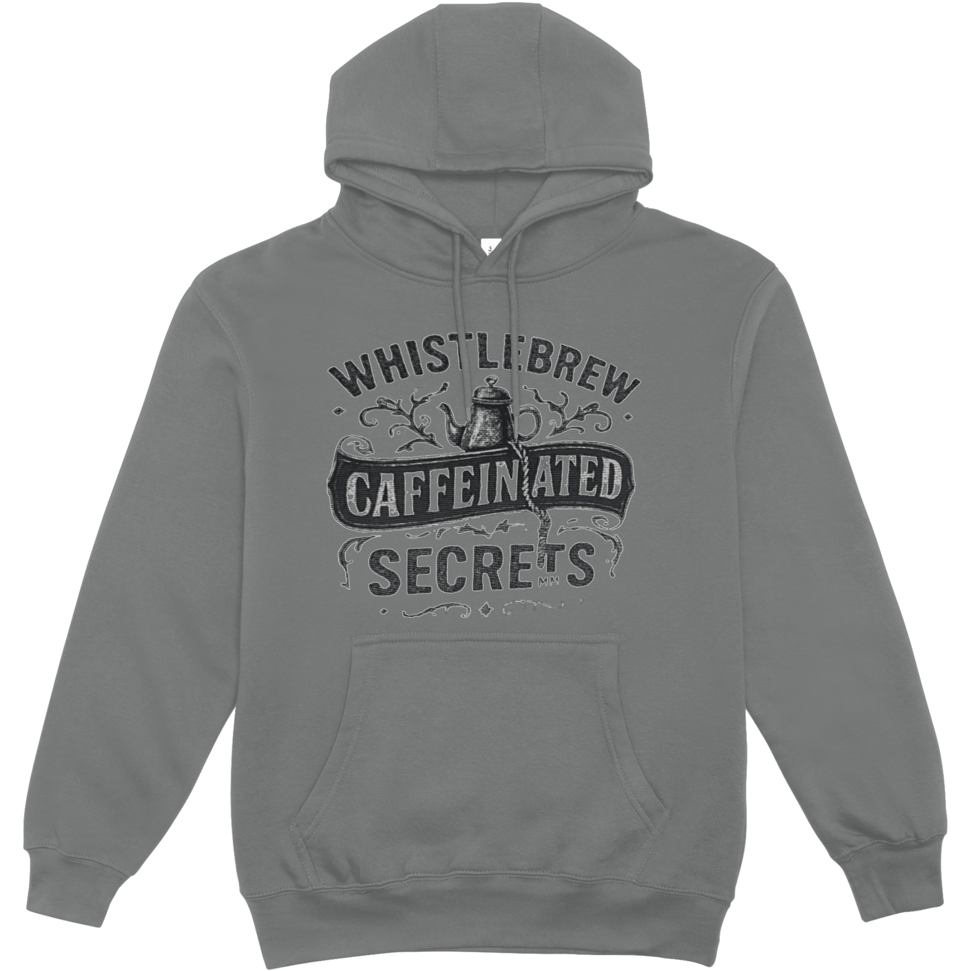 Gray hoodie with 'Whistlebrew Caffeinated Secrets' text and graphic on a transparent background