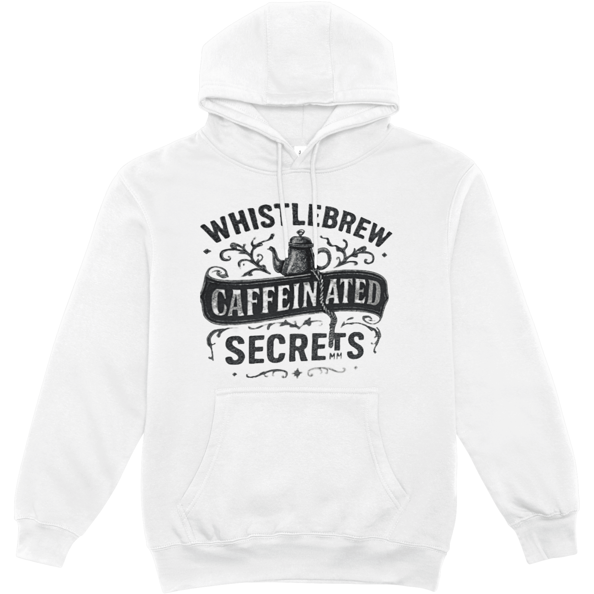 White hoodie with black text and graphic design on a white background
