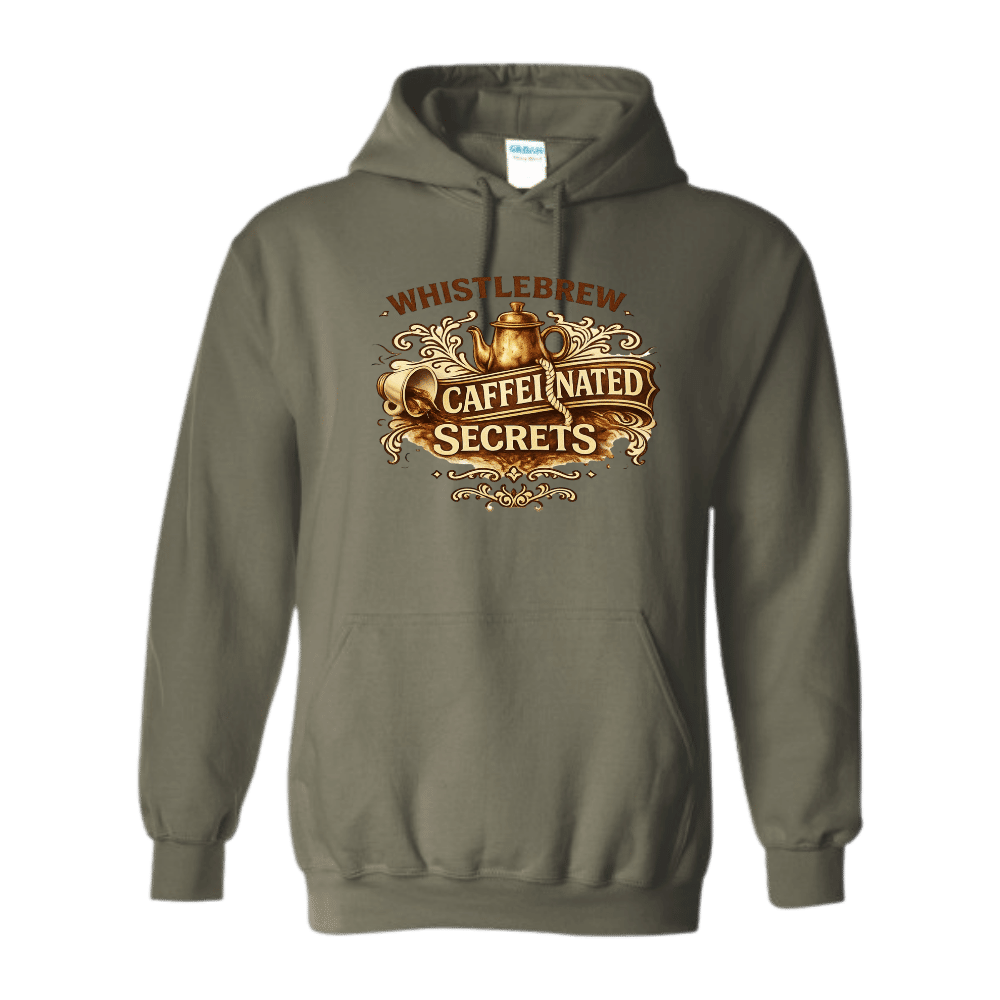 Gray hoodie with 'Whistlebrew Caffeinated Secrets' text and logo on a white background handmade to order by D&L Vinyl-Laser