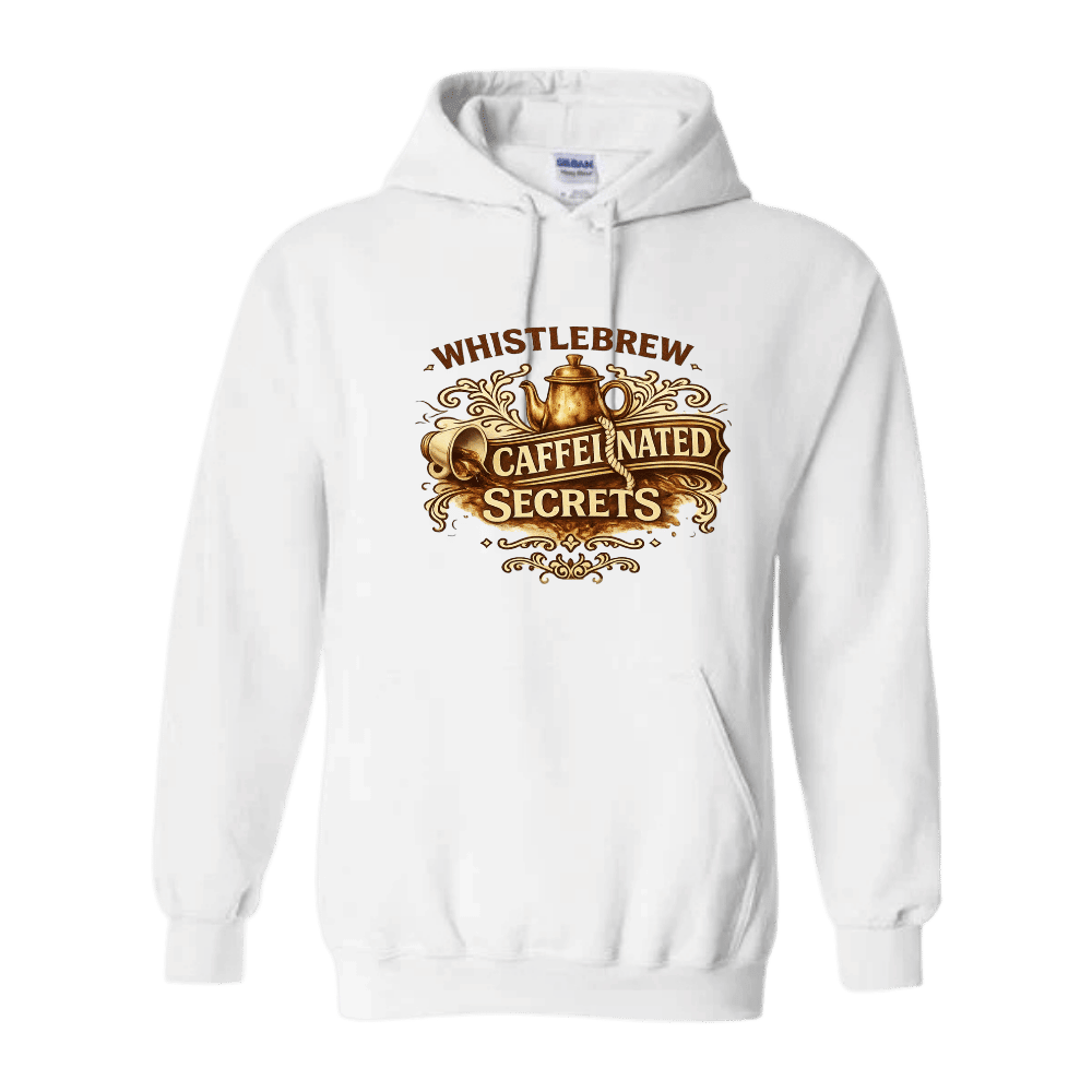 White hoodie with 'Whistlebrew Caffeinated Secrets' text and graphics on a green background handmade to order by D&L Vinyl-Laser