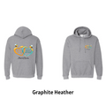 Gray hoodie with a colorful design on the back, shown from front and back views, on a green background. handmade to order by D&L Vinyl-Laser