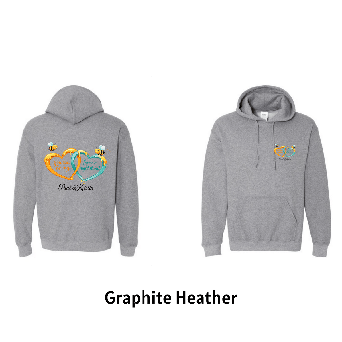 Gray hoodie with a colorful design on the back, shown from front and back views, on a green background. handmade to order by D&L Vinyl-Laser