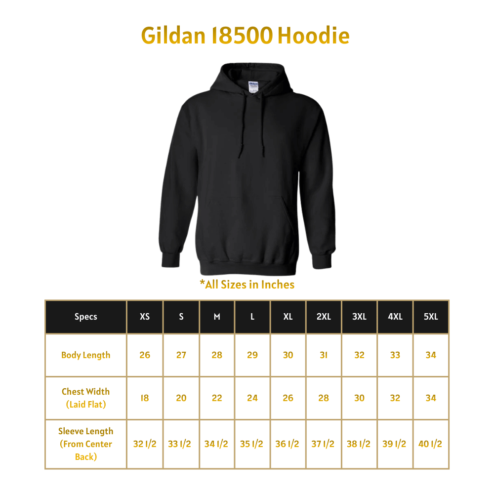 Black hoodie with Gildan 18500 branding and size chart on a green background