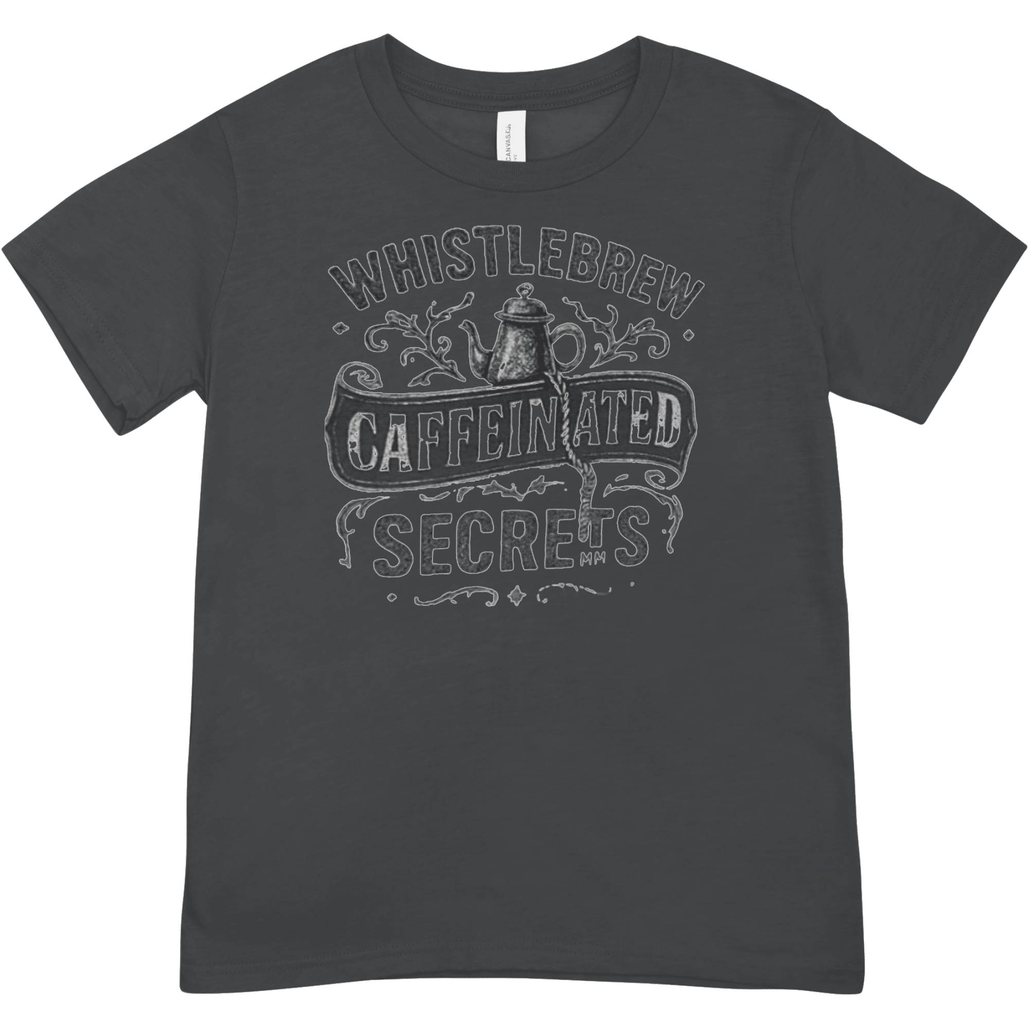 Black t-shirt with 'Whistlebrew Caffeinated Secrets' graphic design on a transparent background