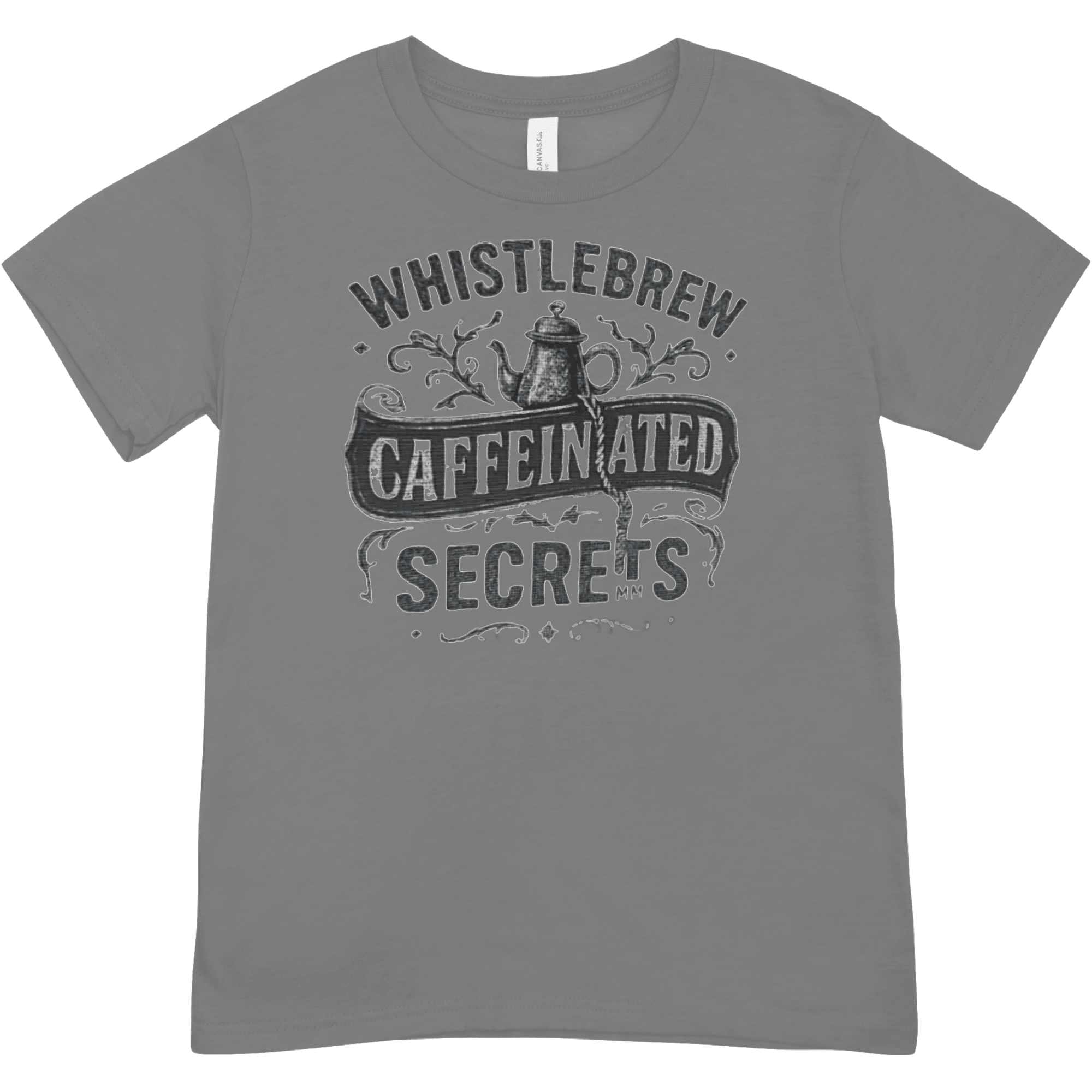 Gray t-shirt with 'Whistlebrew Caffeinated Secrets' text and graphic on a white background