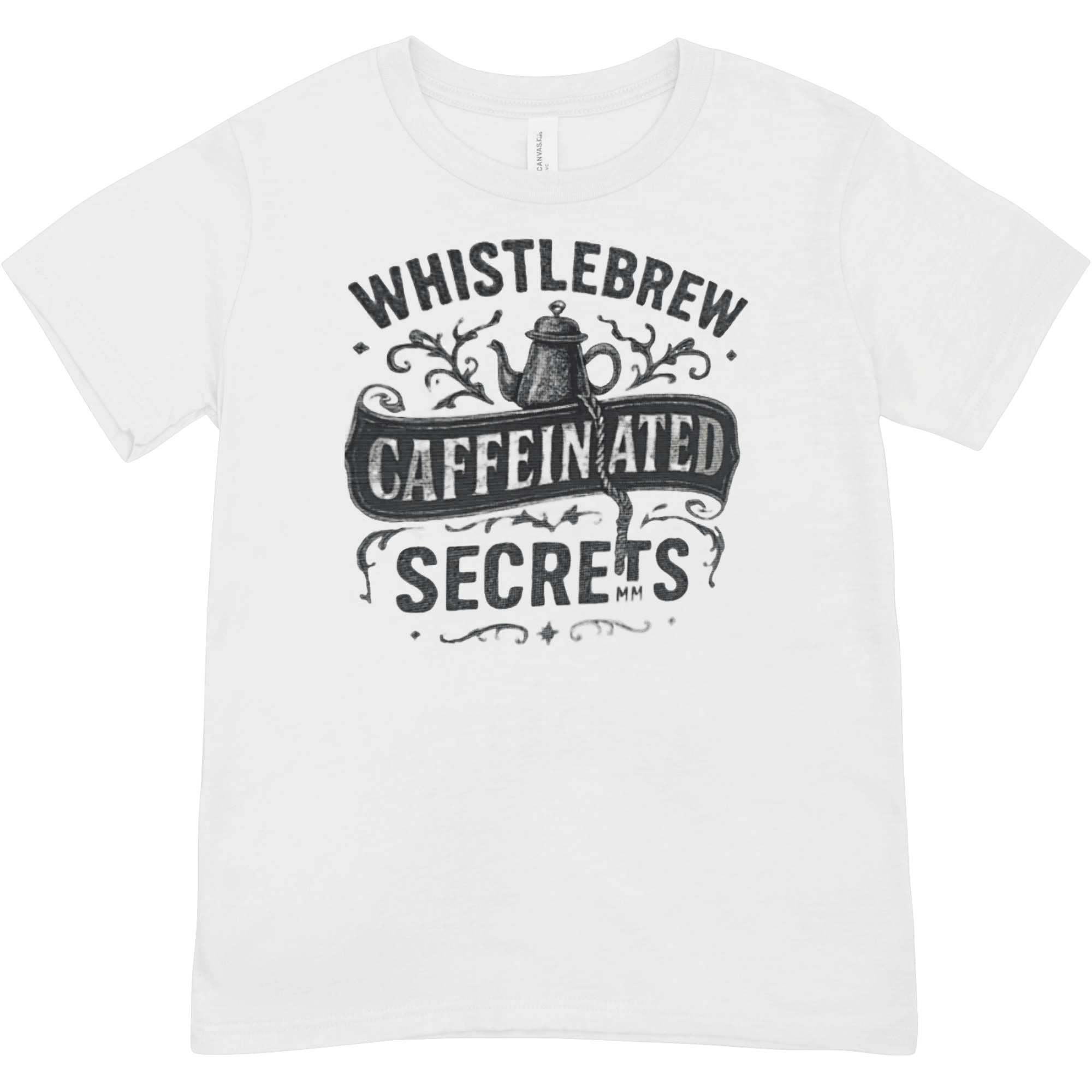 White t-shirt with black graphic design on a white background