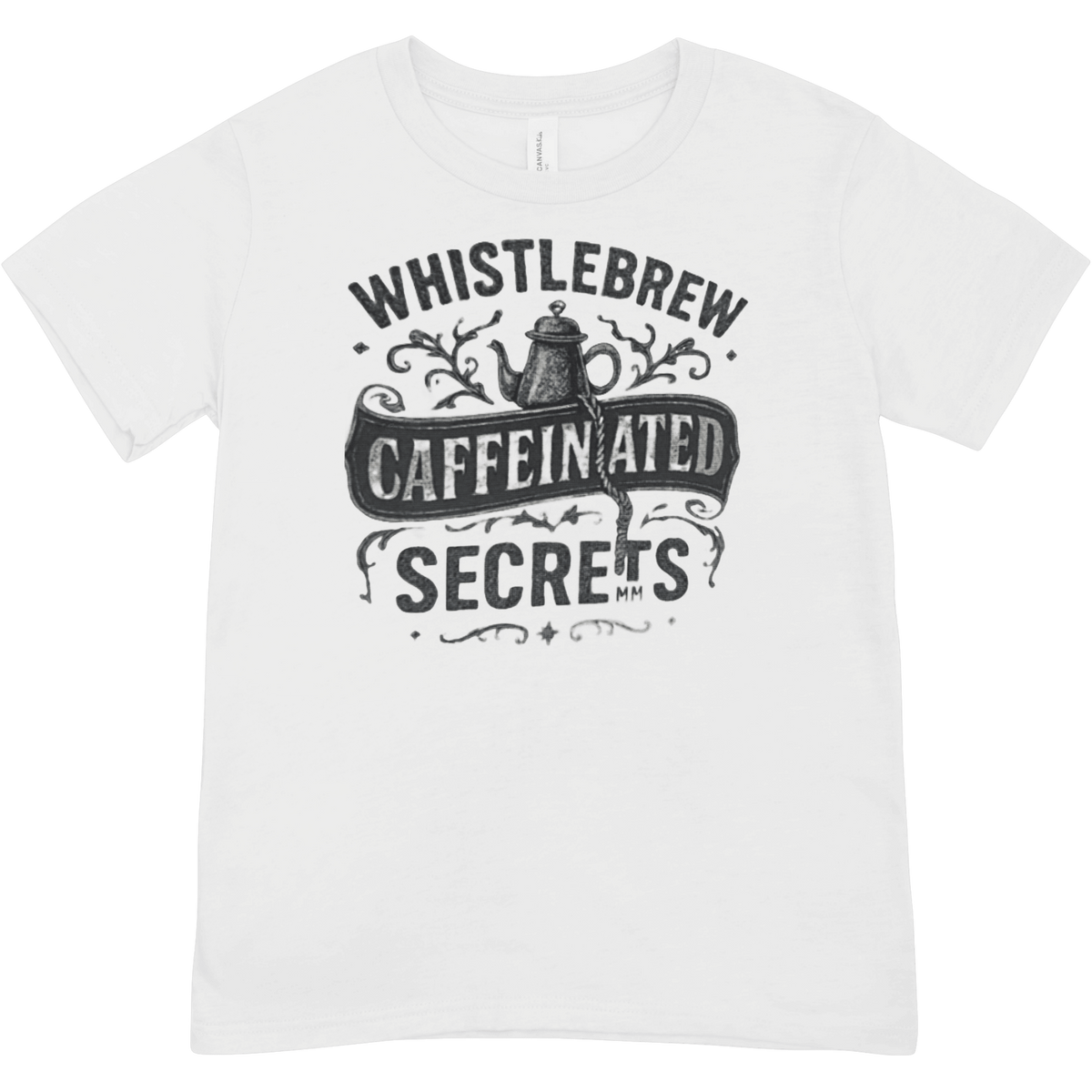 White t-shirt with black graphic design on a white background