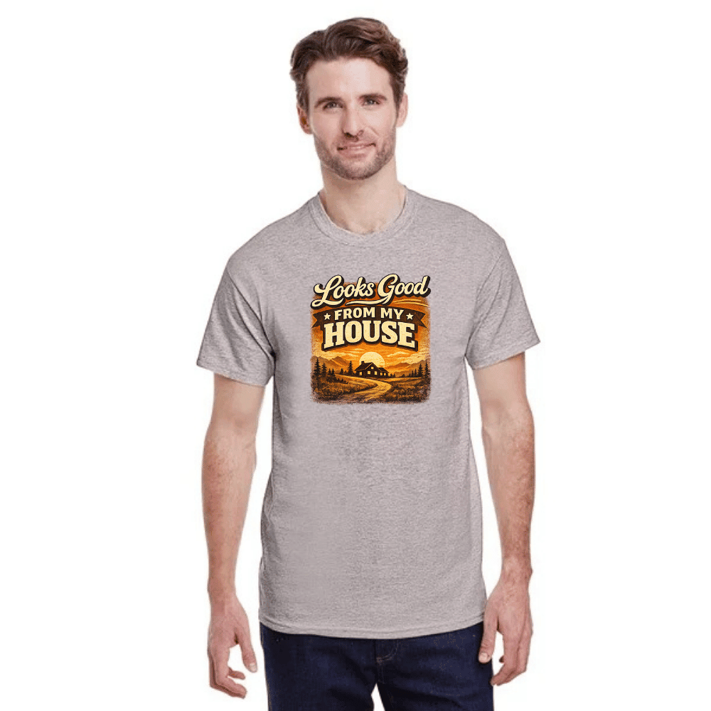 Man wearing a gray t-shirt with a graphic and text on a white background handmade to order by D&L Vinyl-Laser