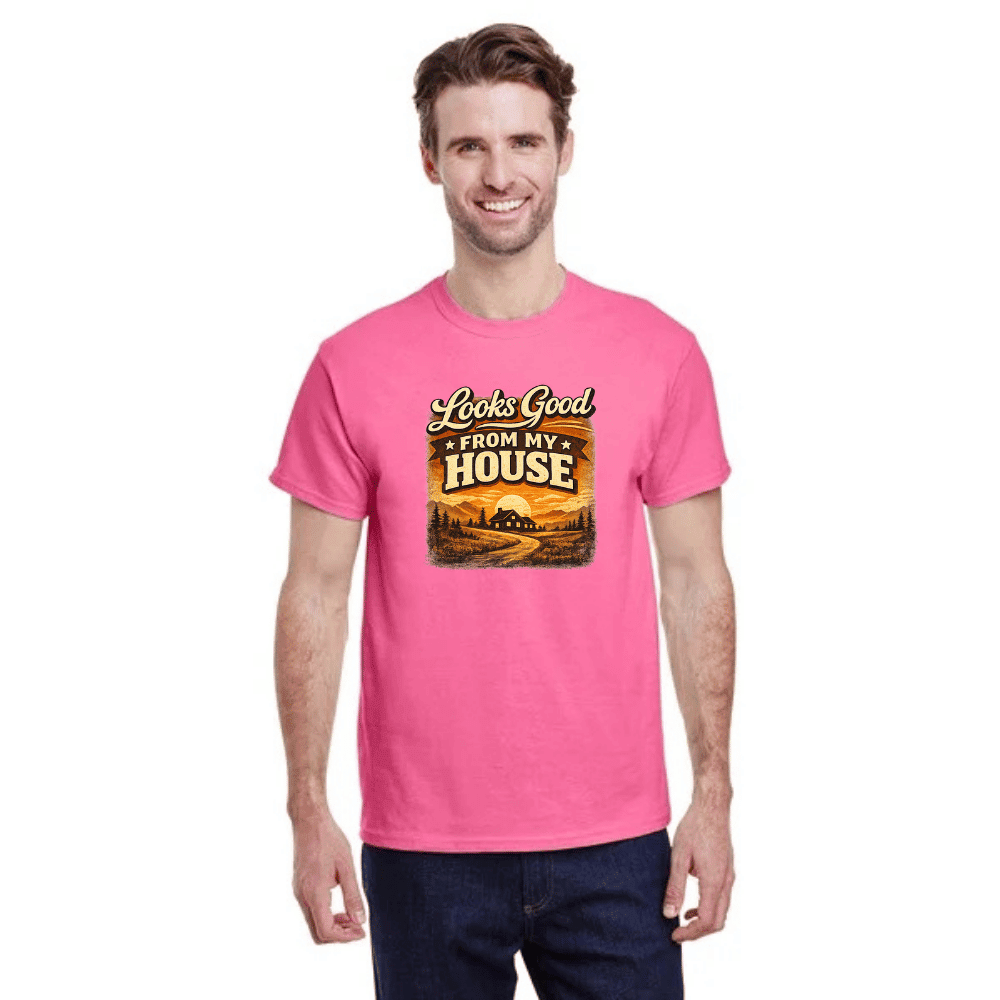 Man wearing a pink t-shirt with a graphic design and text on a white background
