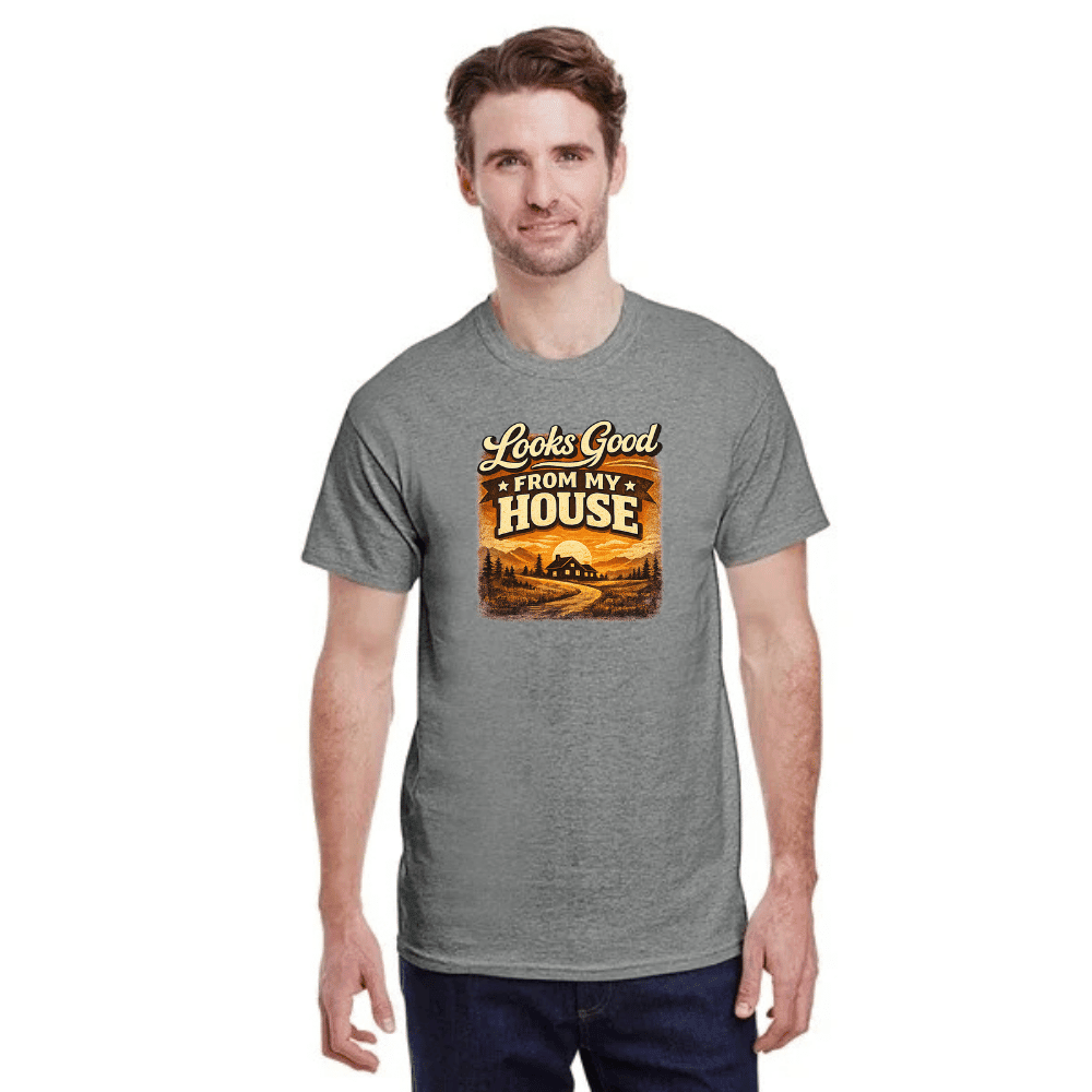 Man wearing a gray t-shirt with a graphic and text on a white background