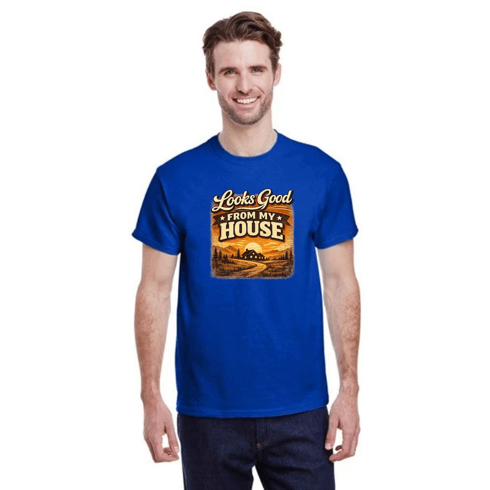 Man wearing a blue t-shirt with a graphic design and text on a white background handmade to order by D&L Vinyl-Laser