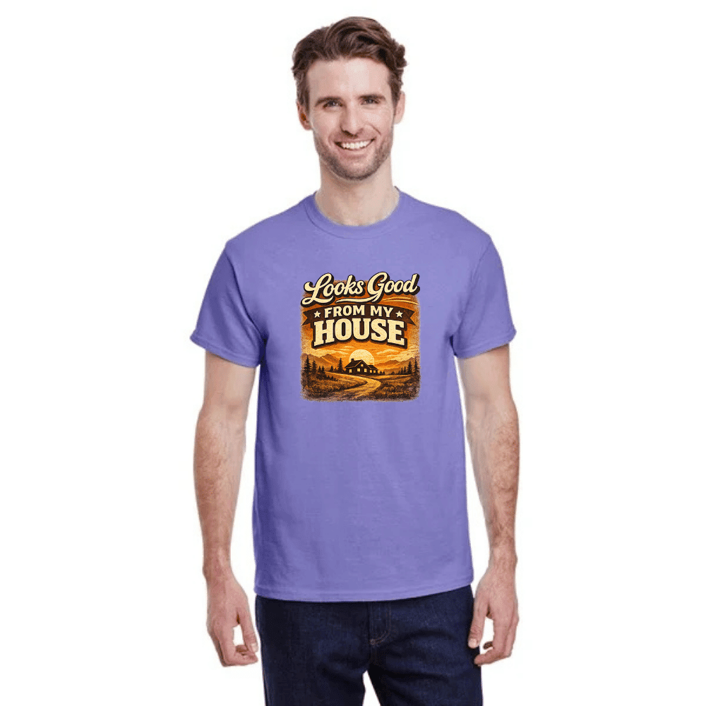 Man wearing a purple t-shirt with a graphic design and text on a white background