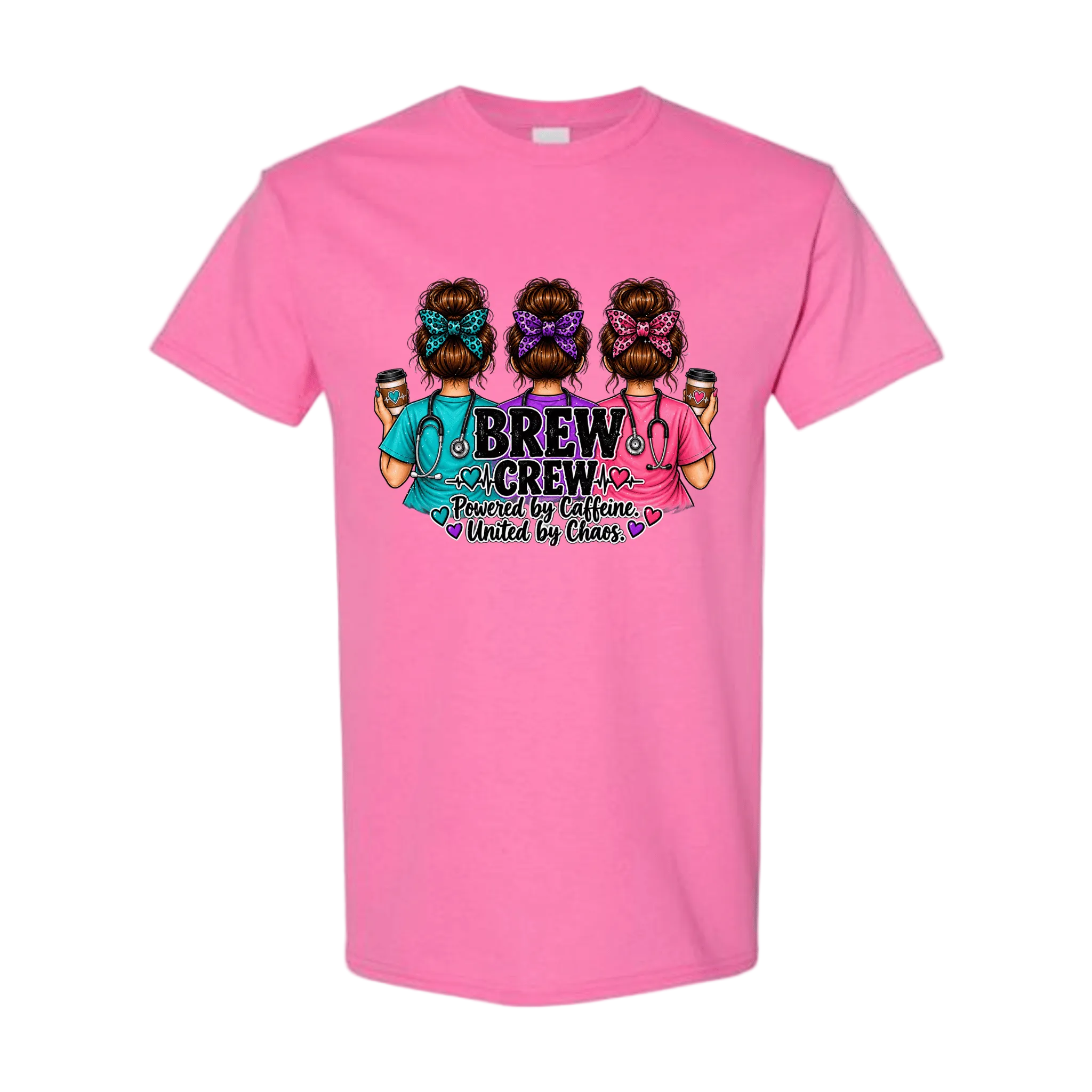 A bright pink short-sleeve crewneck t-shirt featuring a graphic print of three women with braided hair holding champagne glasses, with the text 'BREW CREW Powered by Effort. United by Love.