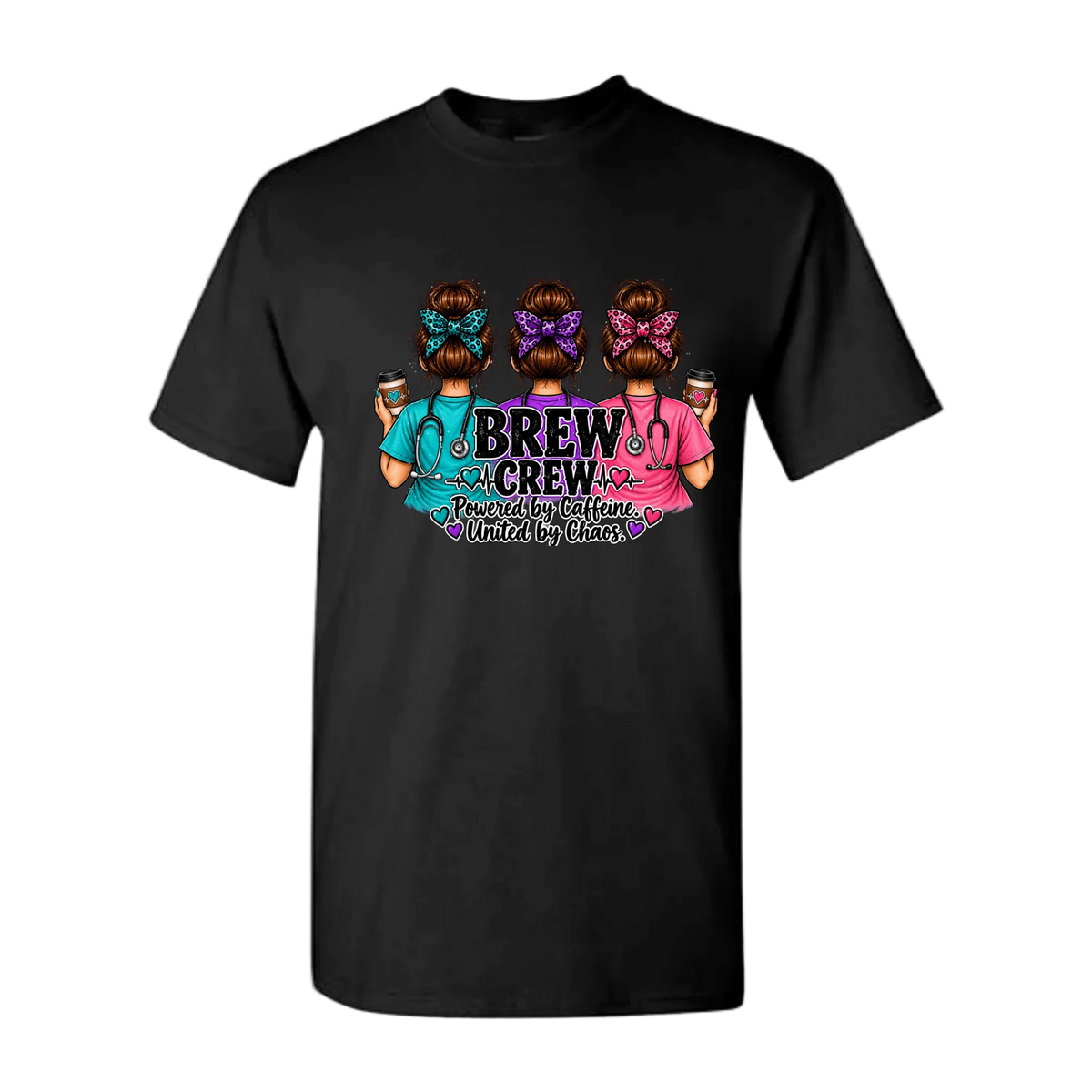 A black short-sleeve crewneck t-shirt featuring a colorful graphic print on the front. The graphic shows three women from behind wearing colorful butterfly headbands and holding coffee cups, with the text 'BREW YOUR OWN COFFEE' and 'United by Coffee' written below.