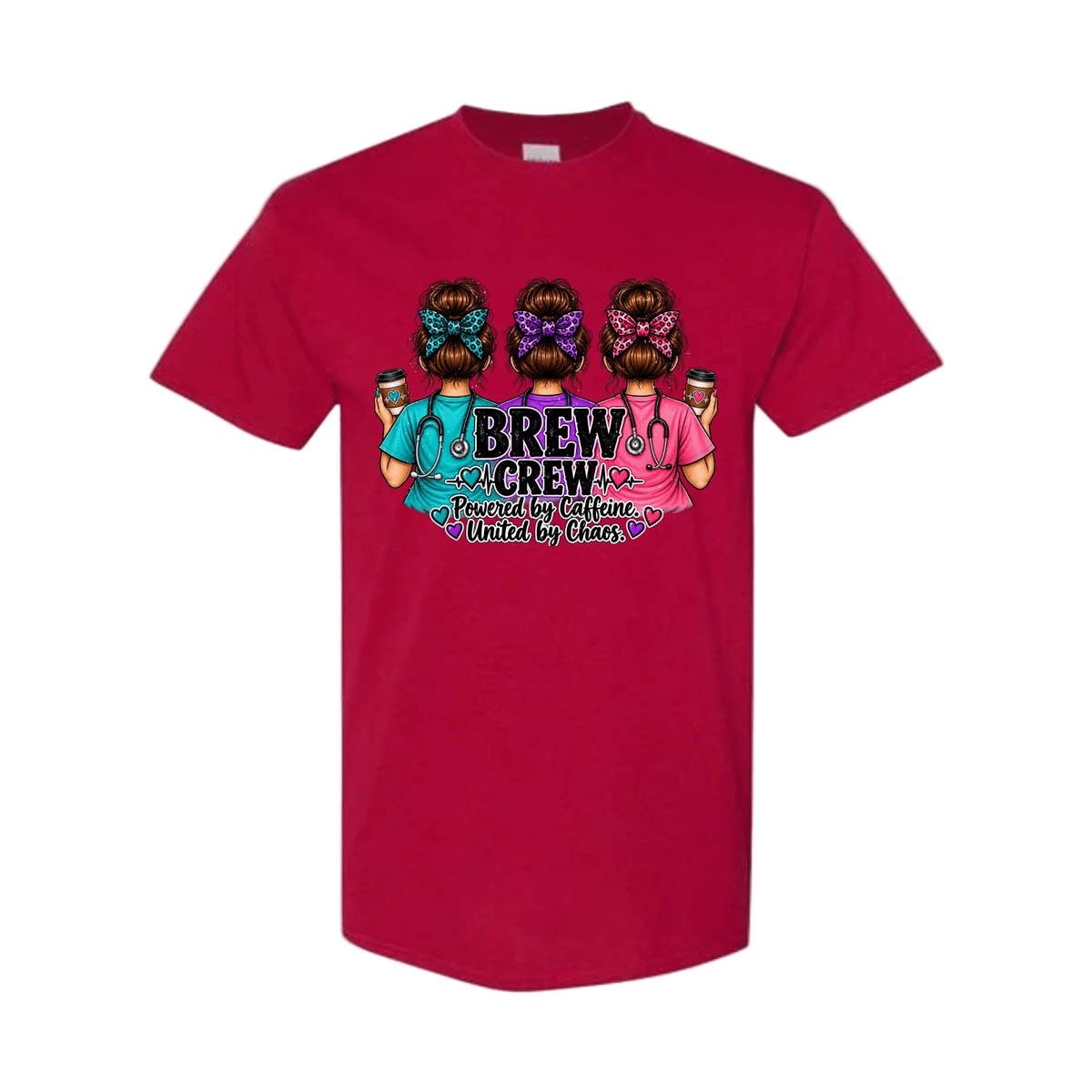 A red short-sleeve crewneck t-shirt featuring a graphic print of three women in colorful outfits holding coffee cups, with the text 'BREW CREW' and 'Powered by Better Cured by Love' printed on the front.