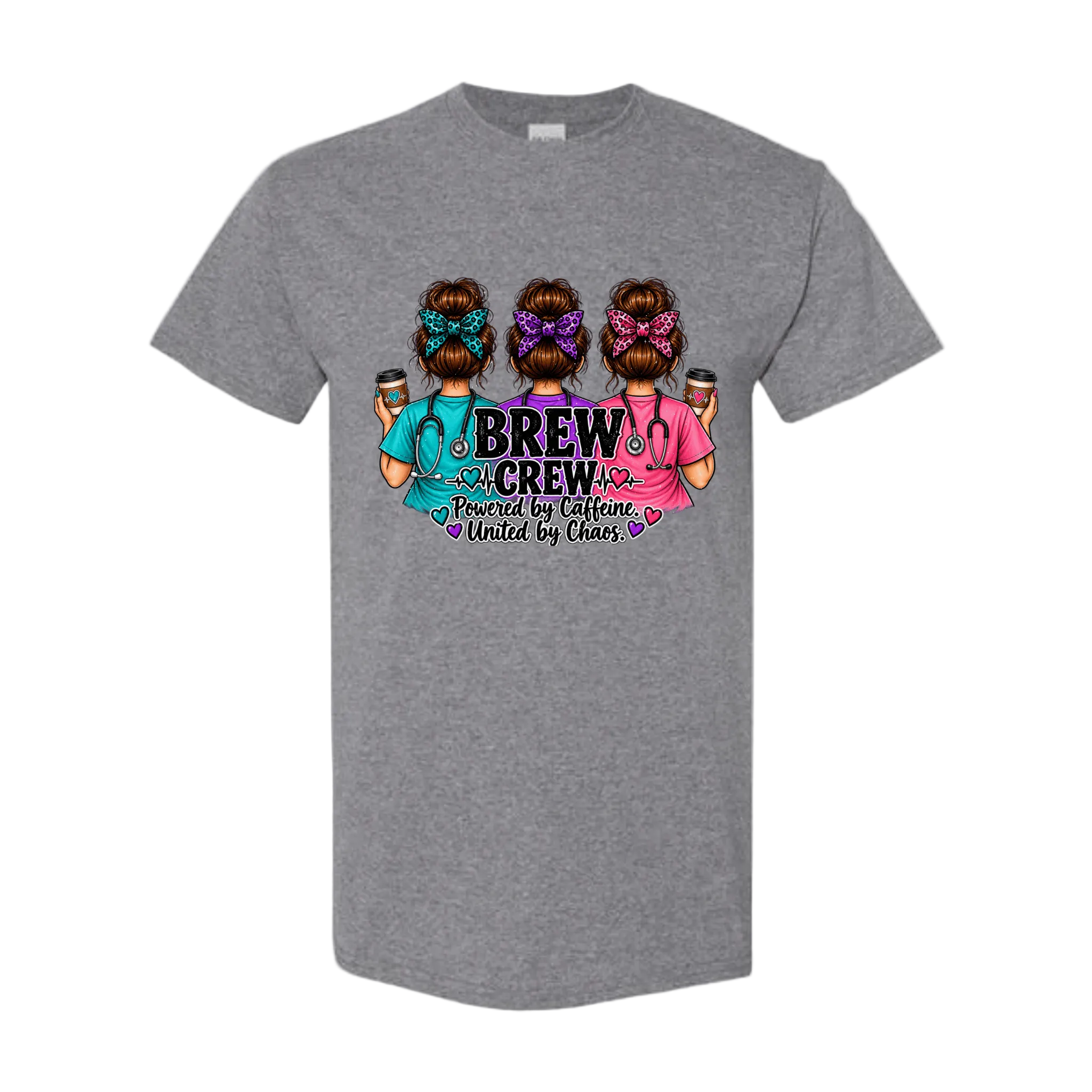 A heather gray short-sleeve crewneck t-shirt featuring a colorful graphic of three women with braided hair holding coffee cups, with the text 'BREW CREW Powered by Coffee United by Cheers' printed on the front.