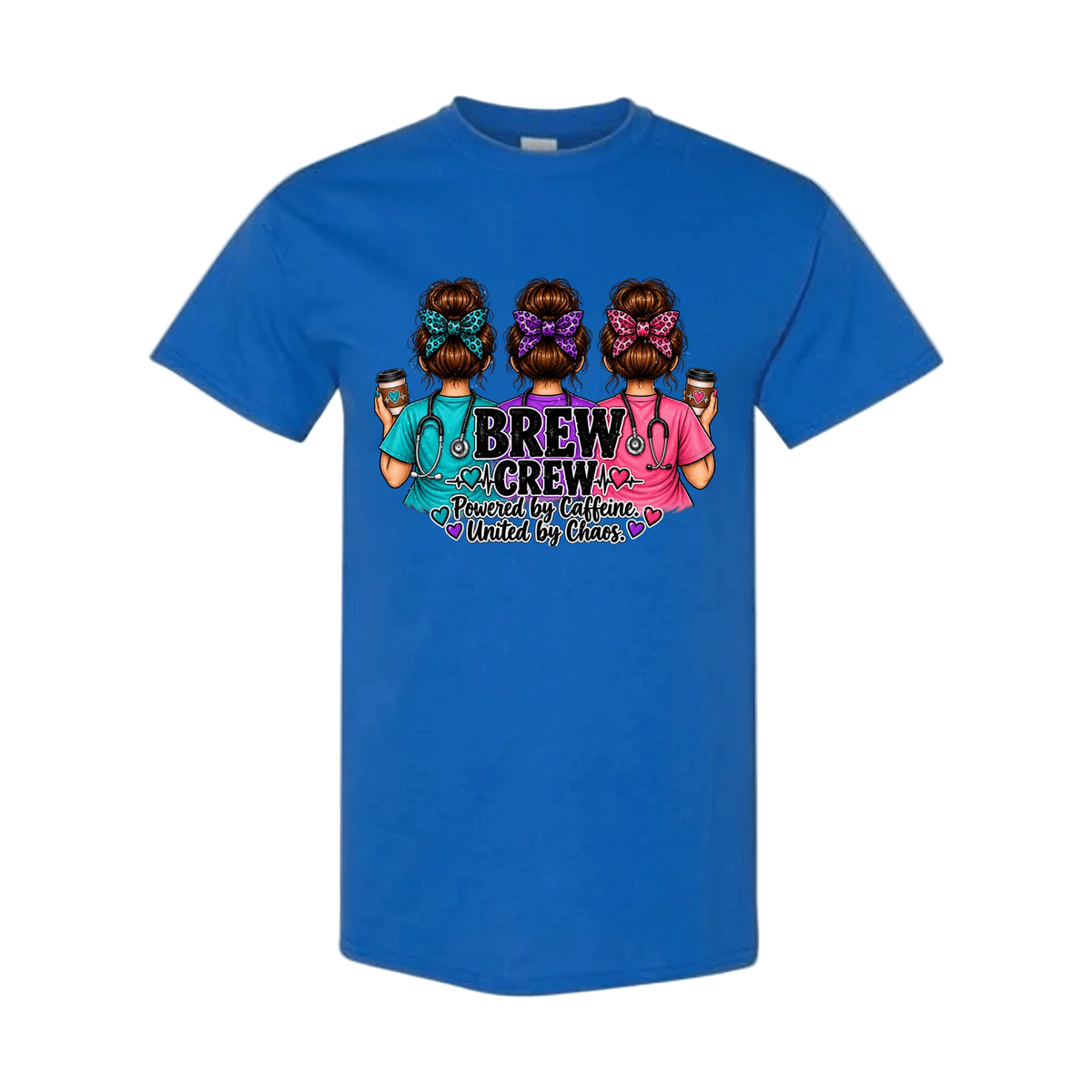 A royal blue short-sleeve crewneck t-shirt featuring a colorful graphic on the chest of three women with braids holding coffee cups, with the text 'BREW CREW' and 'Powered by Culture United by Women'.
