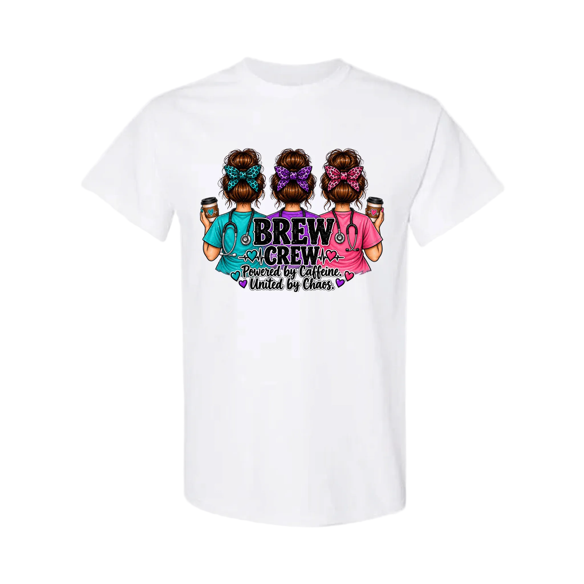 A white short-sleeve crewneck t-shirt featuring a colorful graphic print on the chest. The graphic shows three illustrated women with dark hair in colorful headbands holding coffee cups, with the text 'BREW CREW Powered by Caffeine 