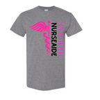 Gray t-shirt with pink and black text and logo on a white background