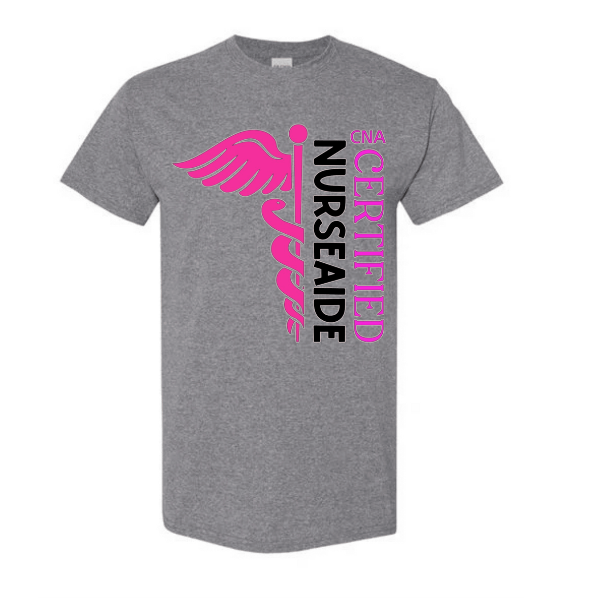 Gray t-shirt with pink and black text and logo on a white background