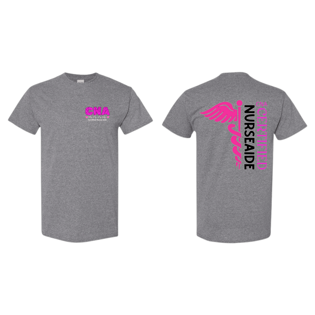 Gray t-shirt with pink and purple text and graphics on a white background