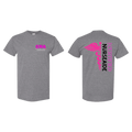 Gray t-shirt with pink and purple text and graphics on a white background